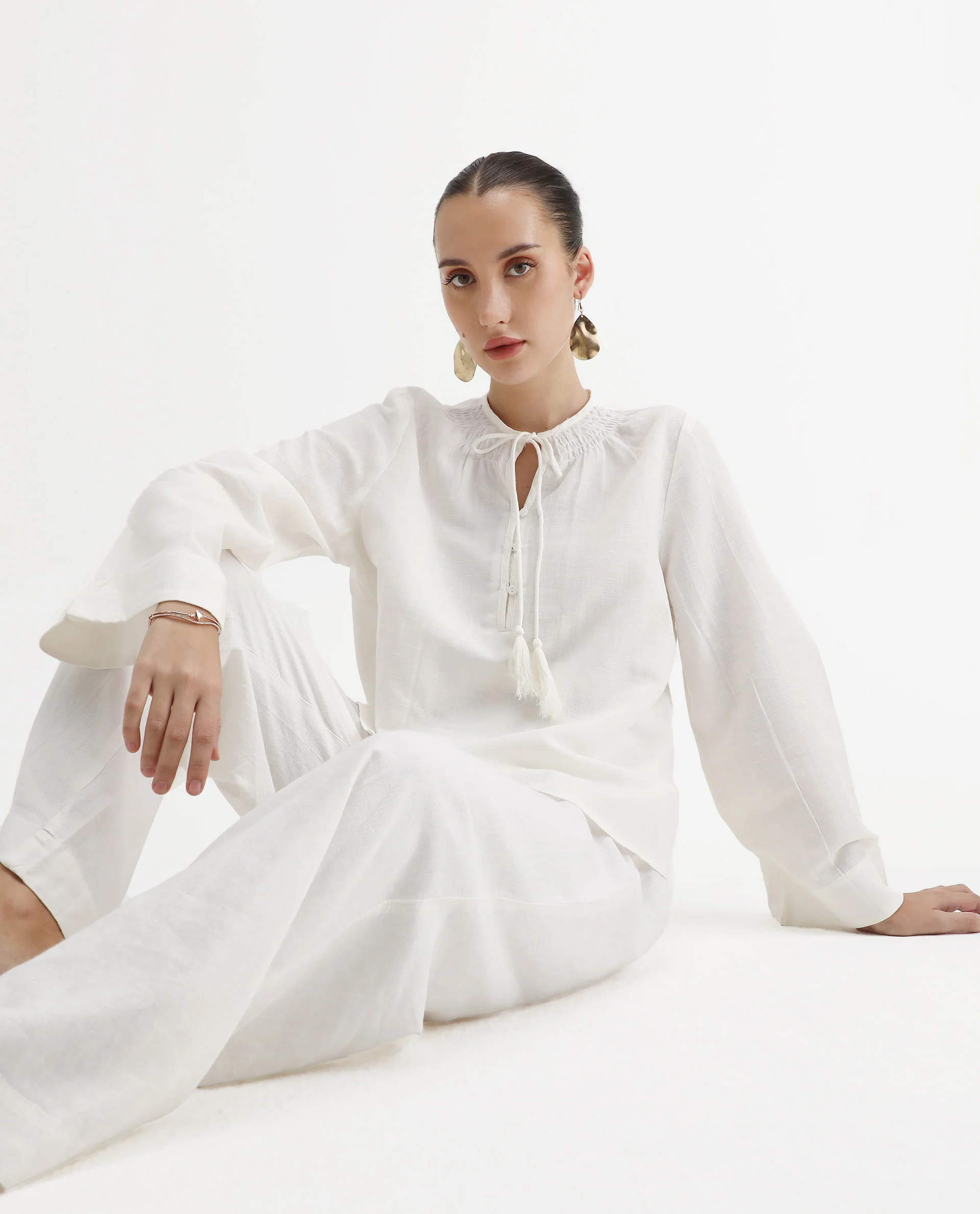 Rareism Women's Joan Light White Tie-Up Neck Plain Relaxed Fit Top - Image 2