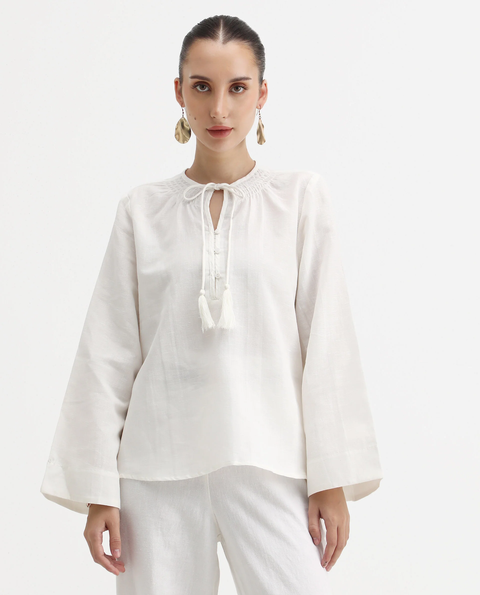 Rareism Women's Joan Light White Tie-Up Neck Plain Relaxed Fit Top - Image 3