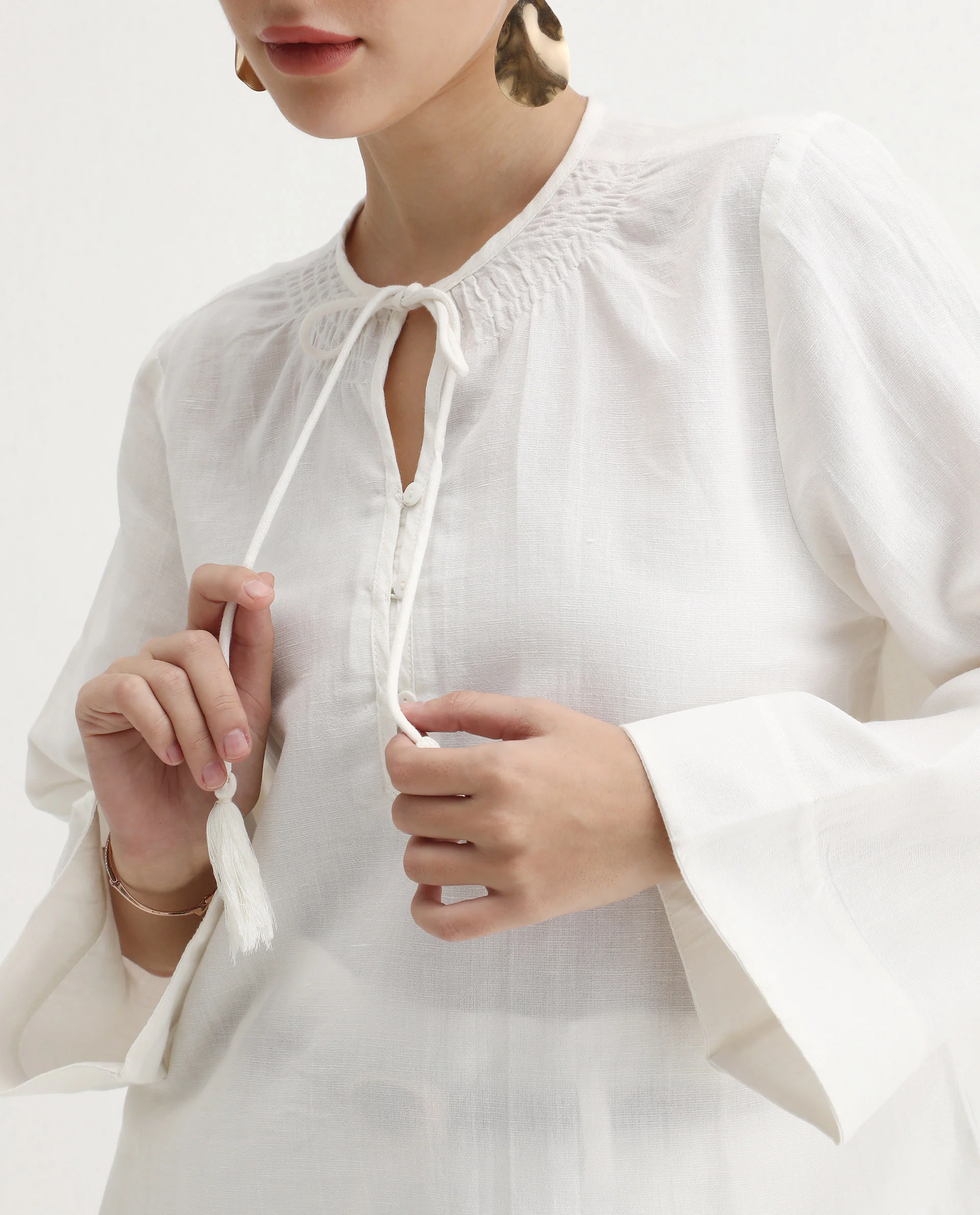 Rareism Women's Joan Light White Tie-Up Neck Plain Relaxed Fit Top - Image 4