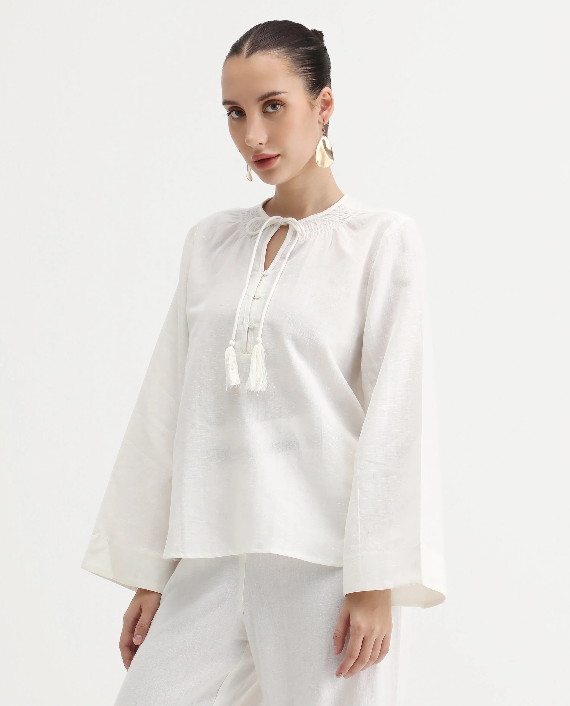 Rareism Women's Joan Light White Tie-Up Neck Plain Relaxed Fit Top - Image 6
