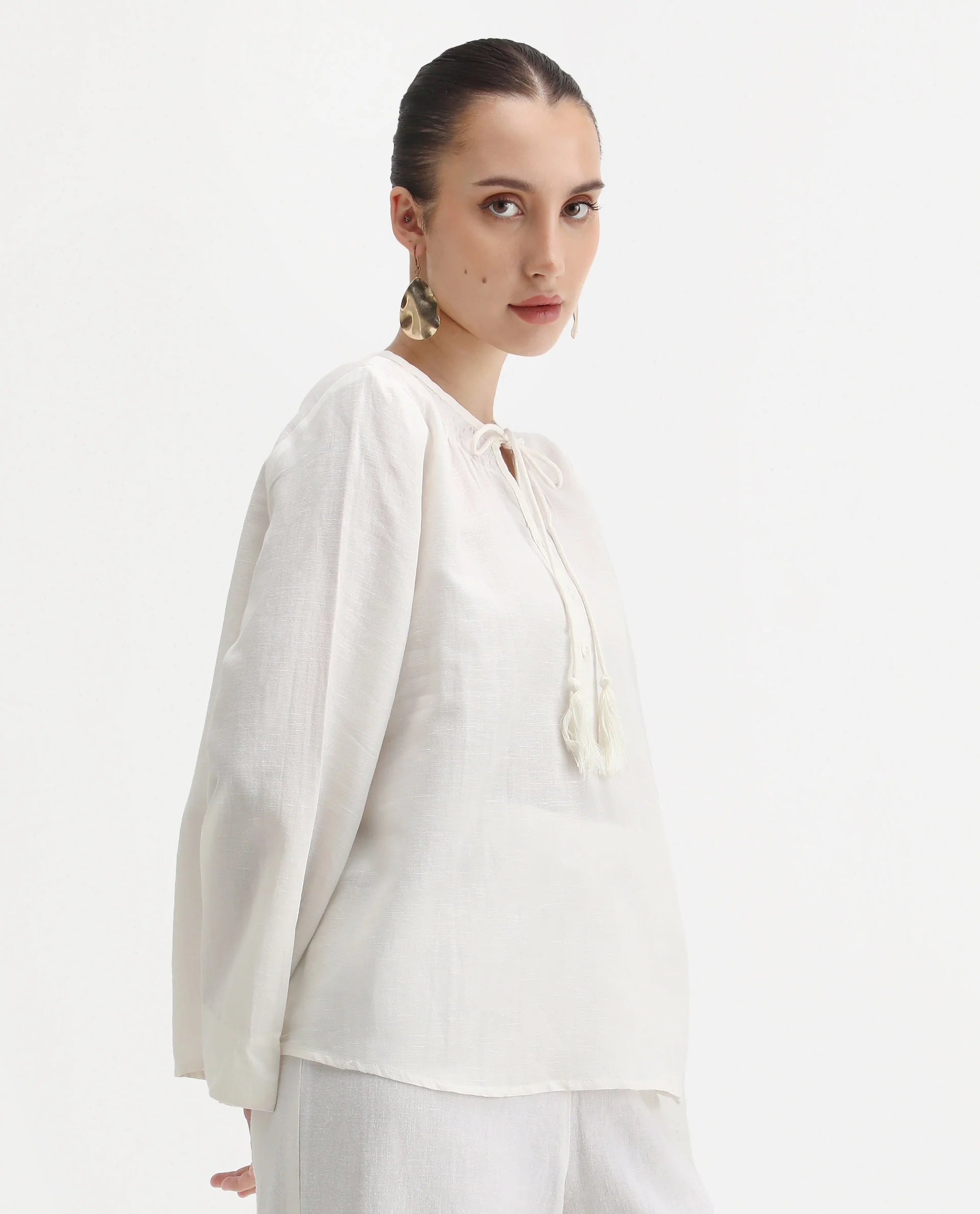 Rareism Women's Joan Light White Tie-Up Neck Plain Relaxed Fit Top - Image 7