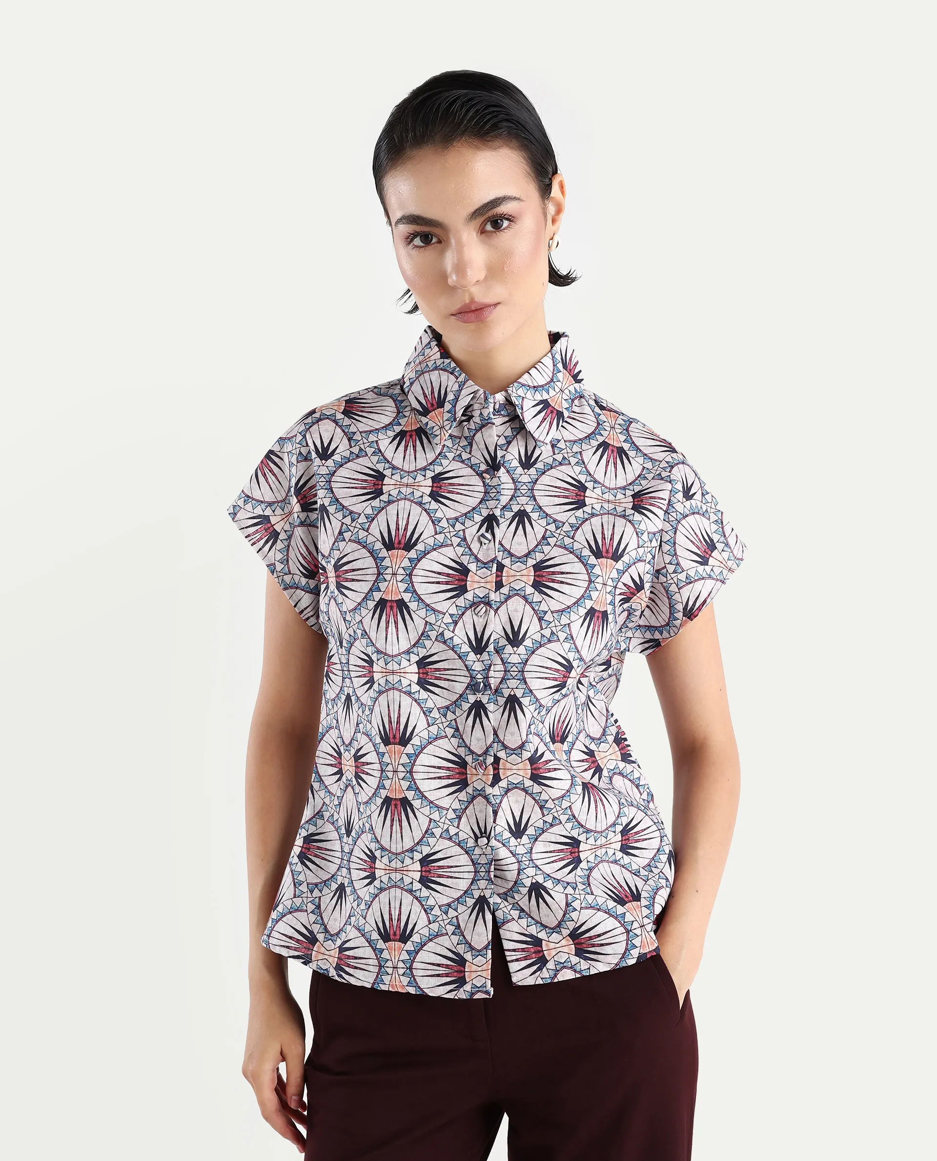 Rareism Women's Joancut Multi Polyester Spread Collar Geometric Print Extended Sleeves Regular Fit Top - Image 3