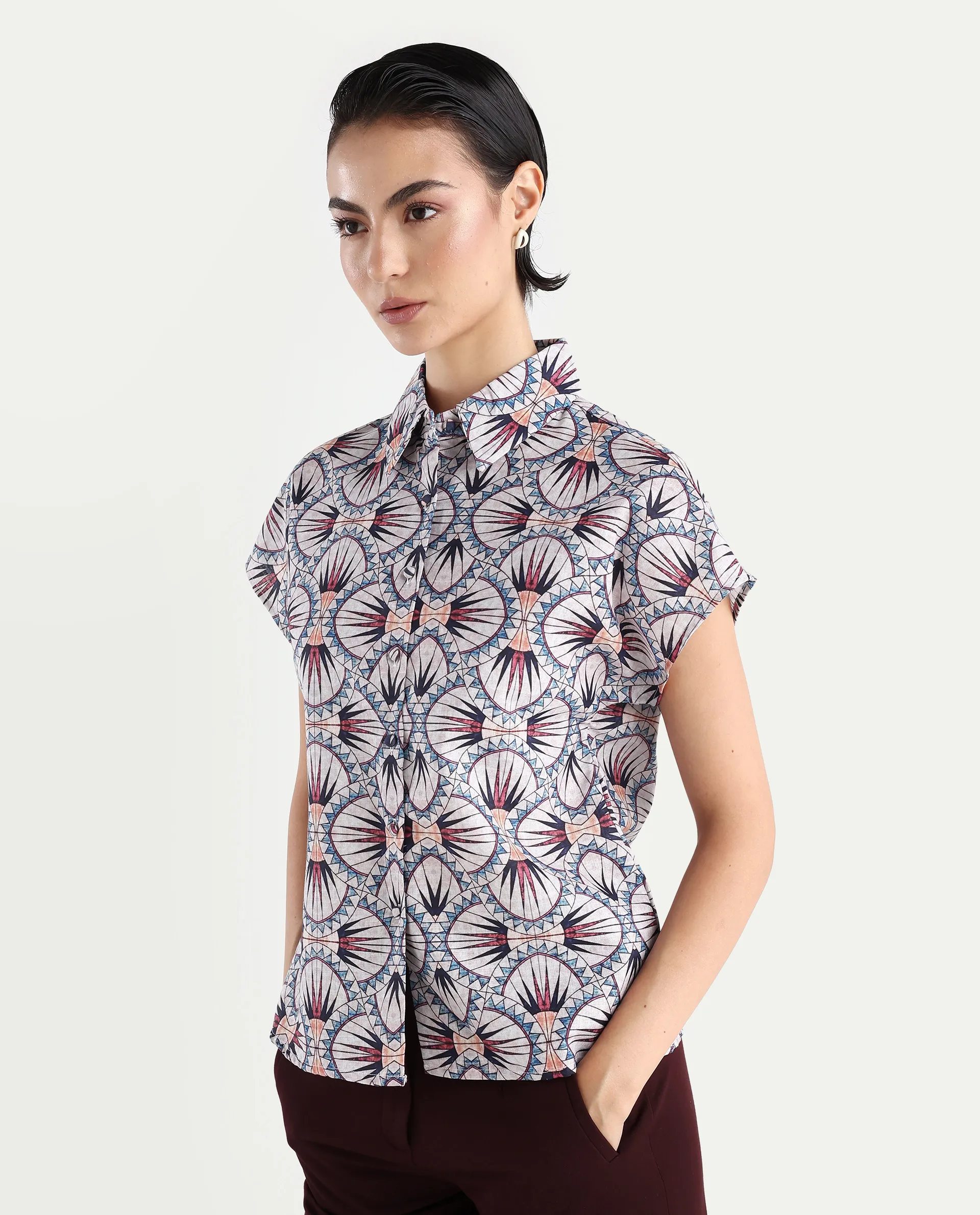 Rareism Women's Joancut Multi Polyester Spread Collar Geometric Print Extended Sleeves Regular Fit Top - Image 5