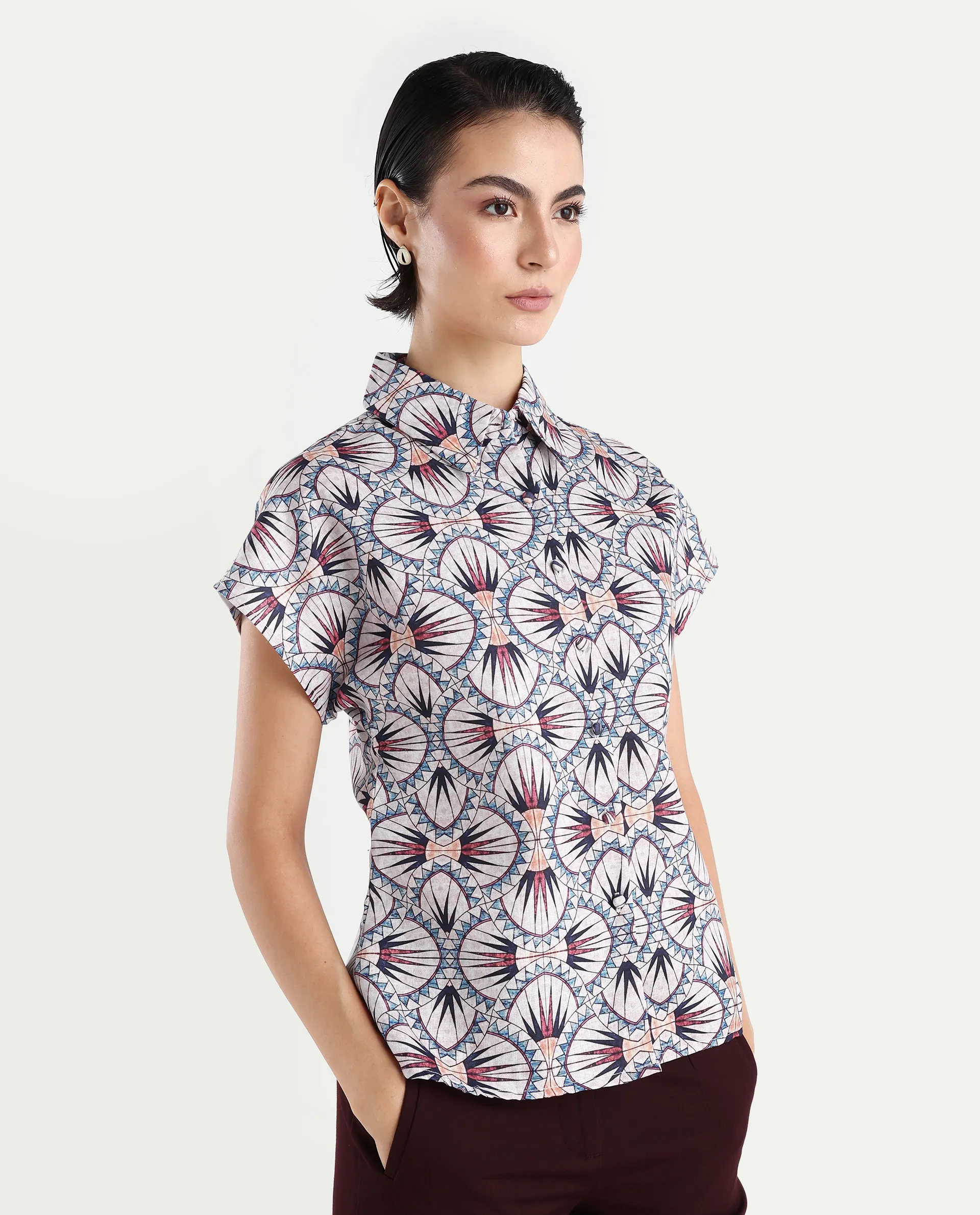 Rareism Women's Joancut Multi Polyester Spread Collar Geometric Print Extended Sleeves Regular Fit Top - Image 6