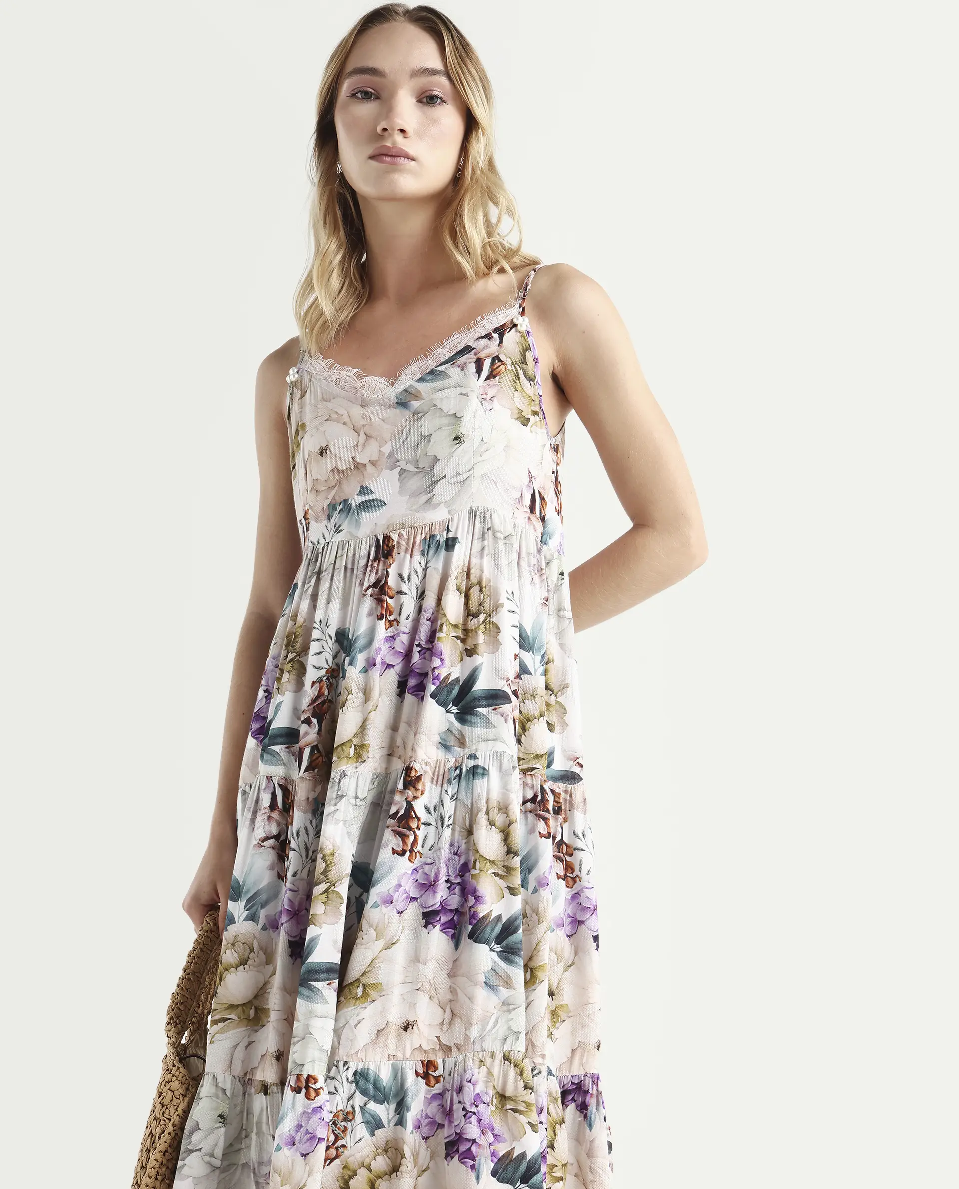 Rareism Women's Joanna Multi Cotton V-Neck Floral Print Shoulder Strap Midi Regular Fit Dress - Image 2