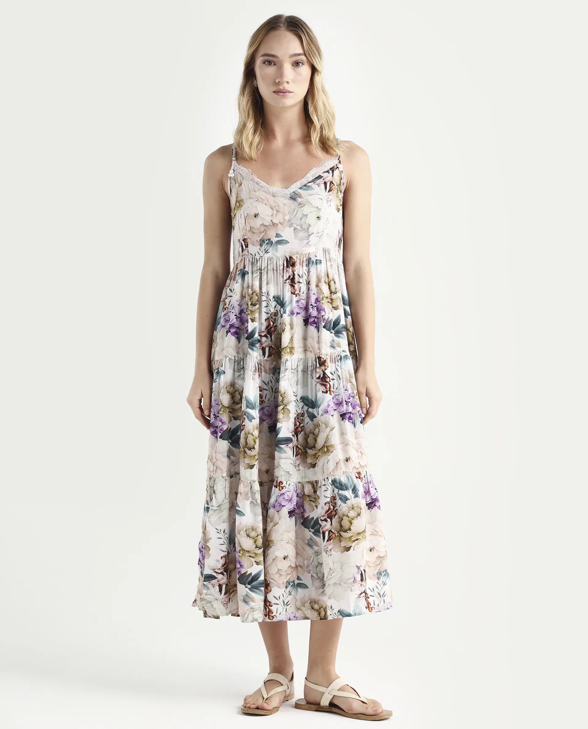 Rareism Women's Joanna Multi Cotton V-Neck Floral Print Shoulder Strap Midi Regular Fit Dress - Image 3