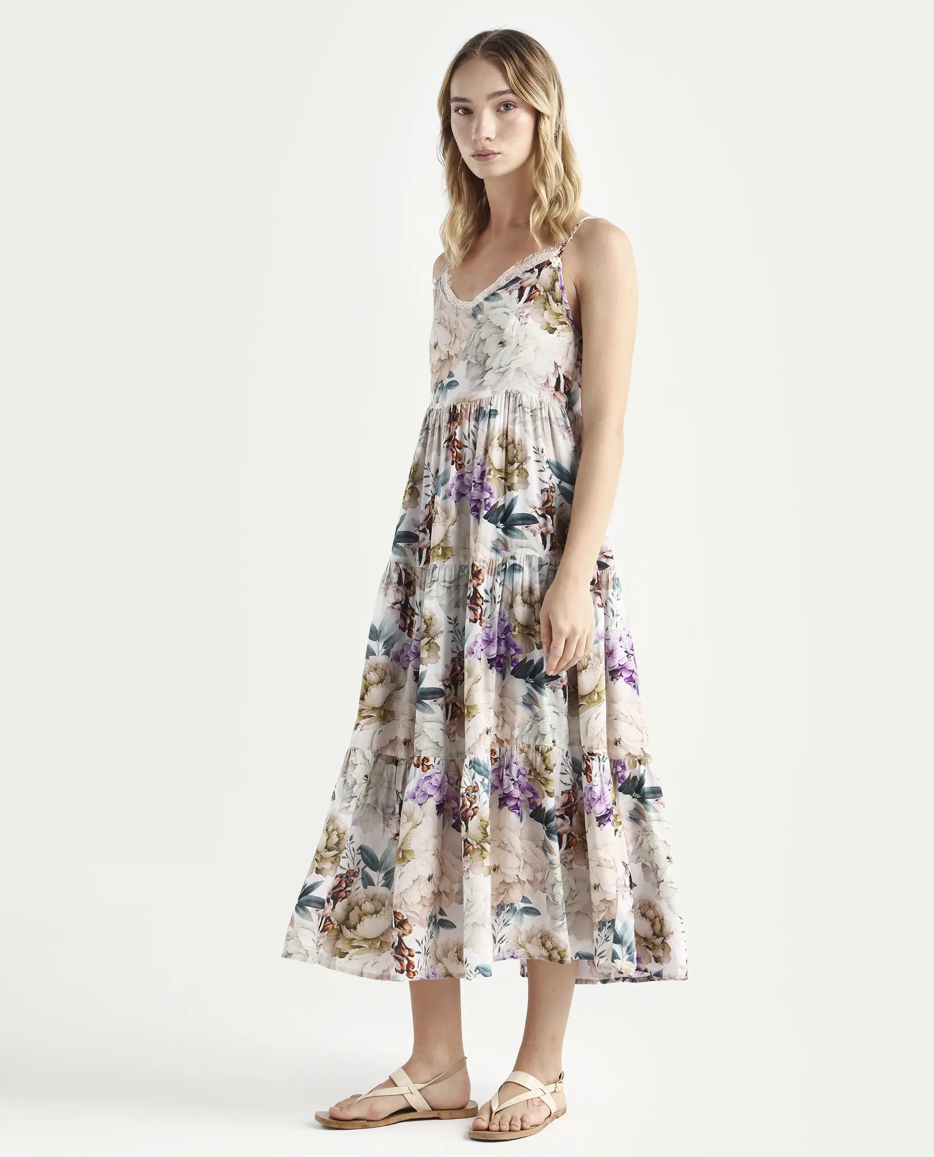 Rareism Women's Joanna Multi Cotton V-Neck Floral Print Shoulder Strap Midi Regular Fit Dress - Image 5