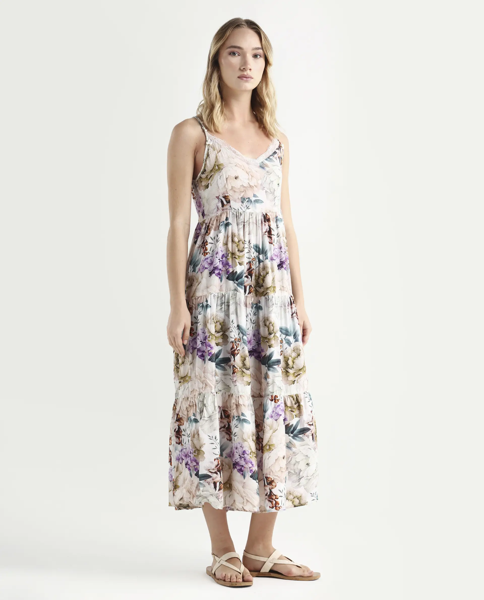 Rareism Women's Joanna Multi Cotton V-Neck Floral Print Shoulder Strap Midi Regular Fit Dress - Image 6