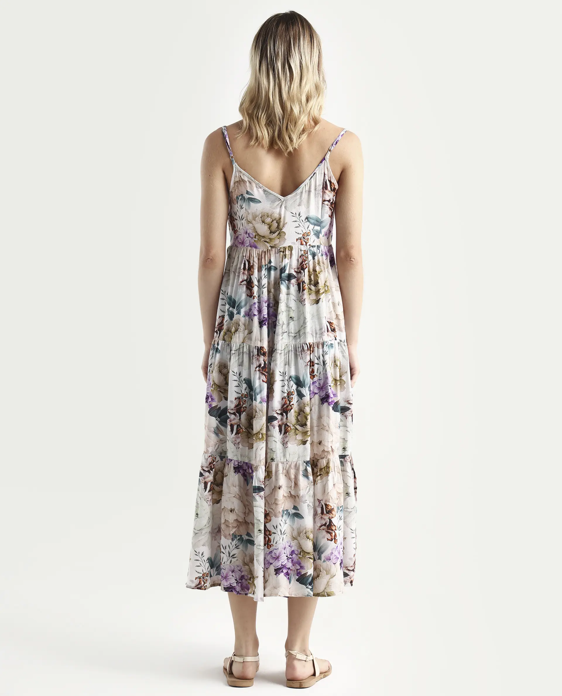 Rareism Women's Joanna Multi Cotton V-Neck Floral Print Shoulder Strap Midi Regular Fit Dress - Image 7