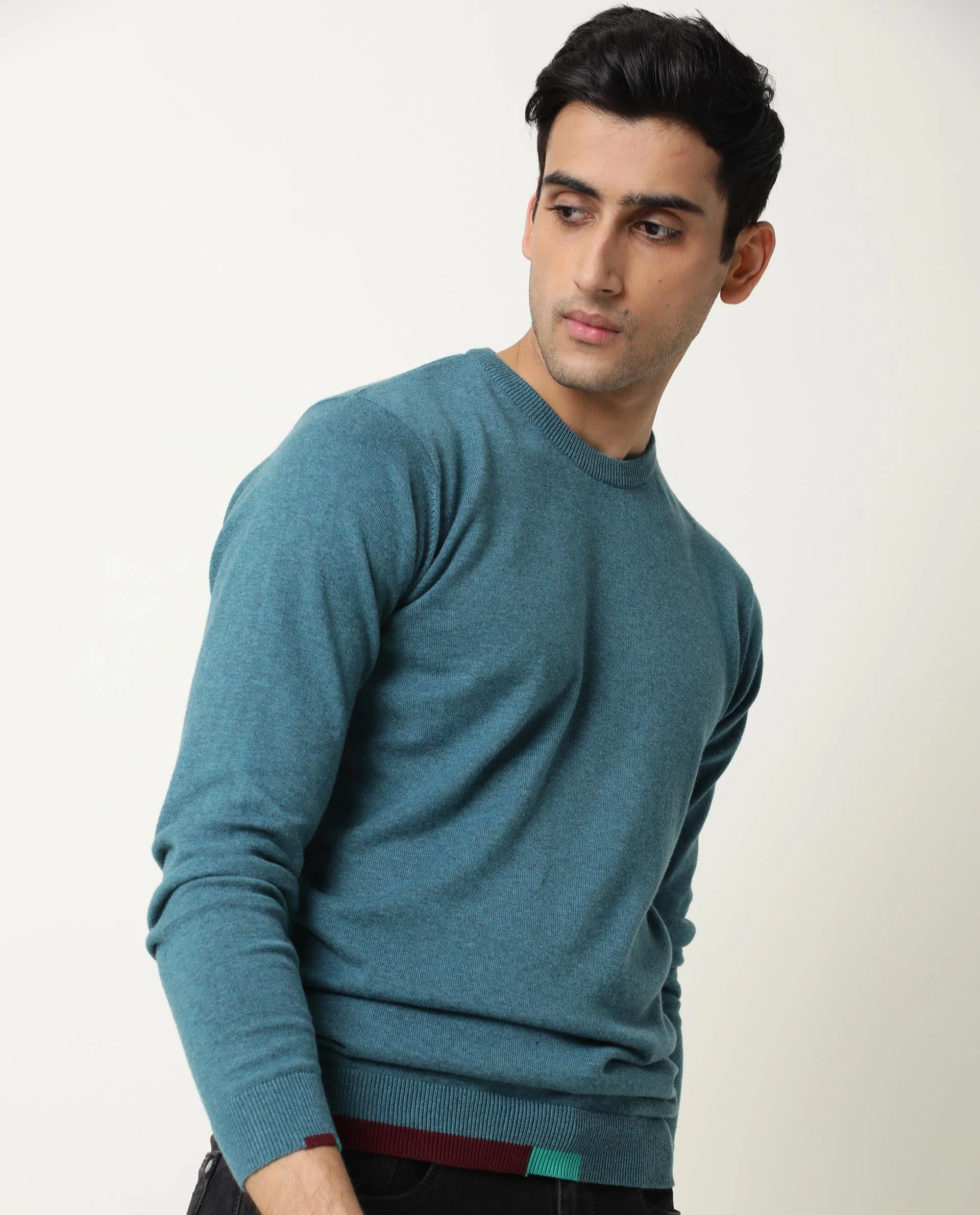 Rare Rabbit Men's Jody Blue Cotton Plain Slim Fit Full Sleeve Crew Neck Sweater - Image 2