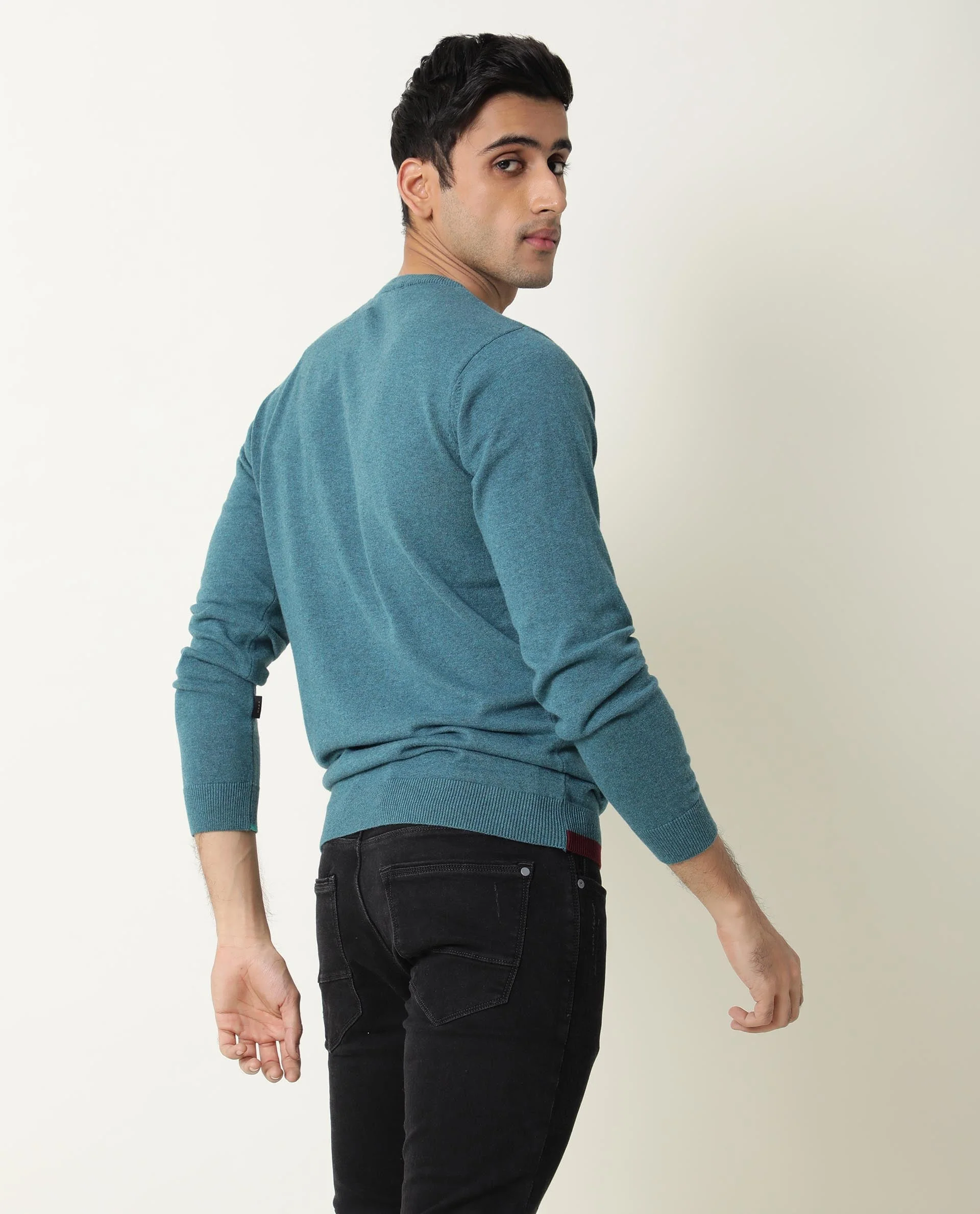 Rare Rabbit Men's Jody Blue Cotton Plain Slim Fit Full Sleeve Crew Neck Sweater - Image 3