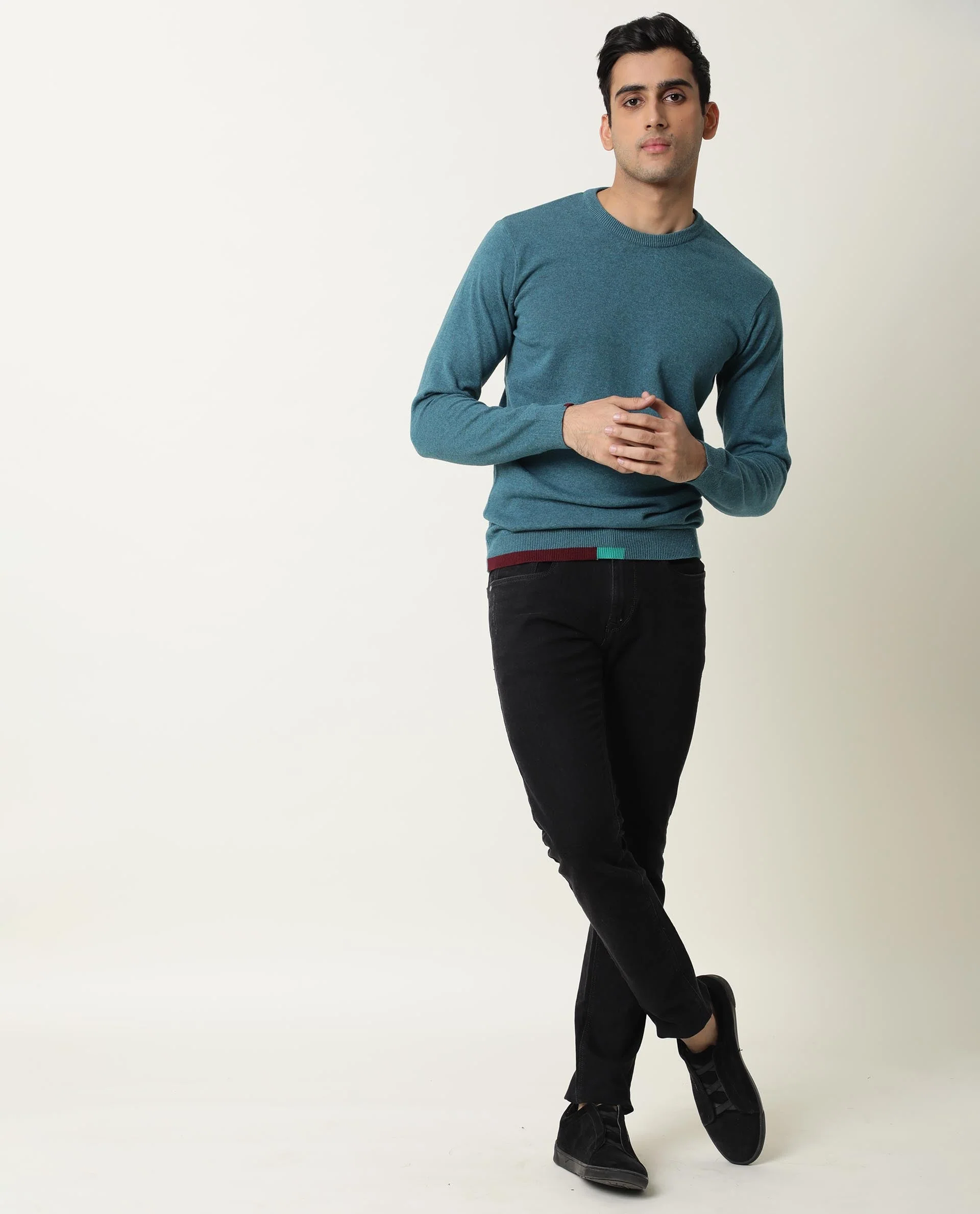 Rare Rabbit Men's Jody Blue Cotton Plain Slim Fit Full Sleeve Crew Neck Sweater - Image 4