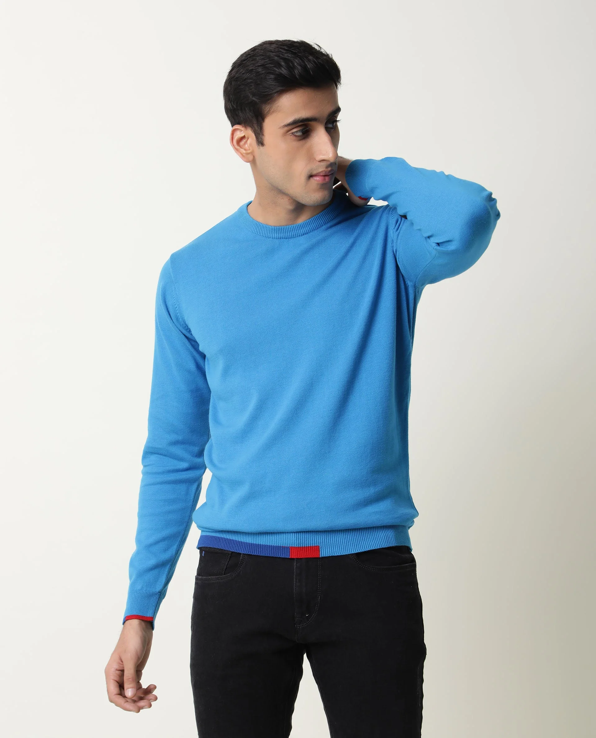 Rare Rabbit Men's Jody Turq Cotton Plain Slim Fit Full Sleeve Crew Neck Sweater