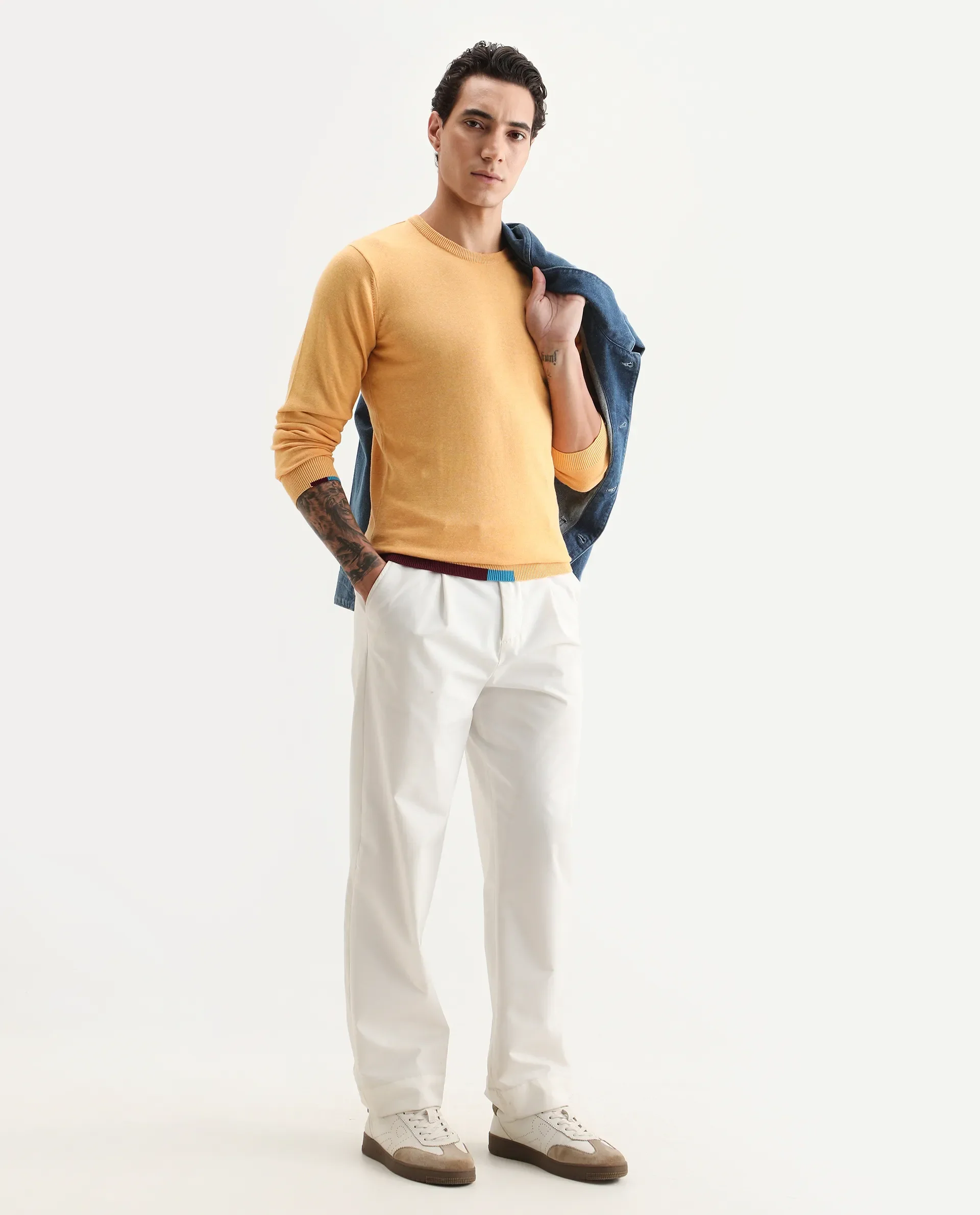Rare Rabbit Men's Jody Yellow Cotton Plain Slim Fit Full Sleeve Crew Neck Sweater - Image 2