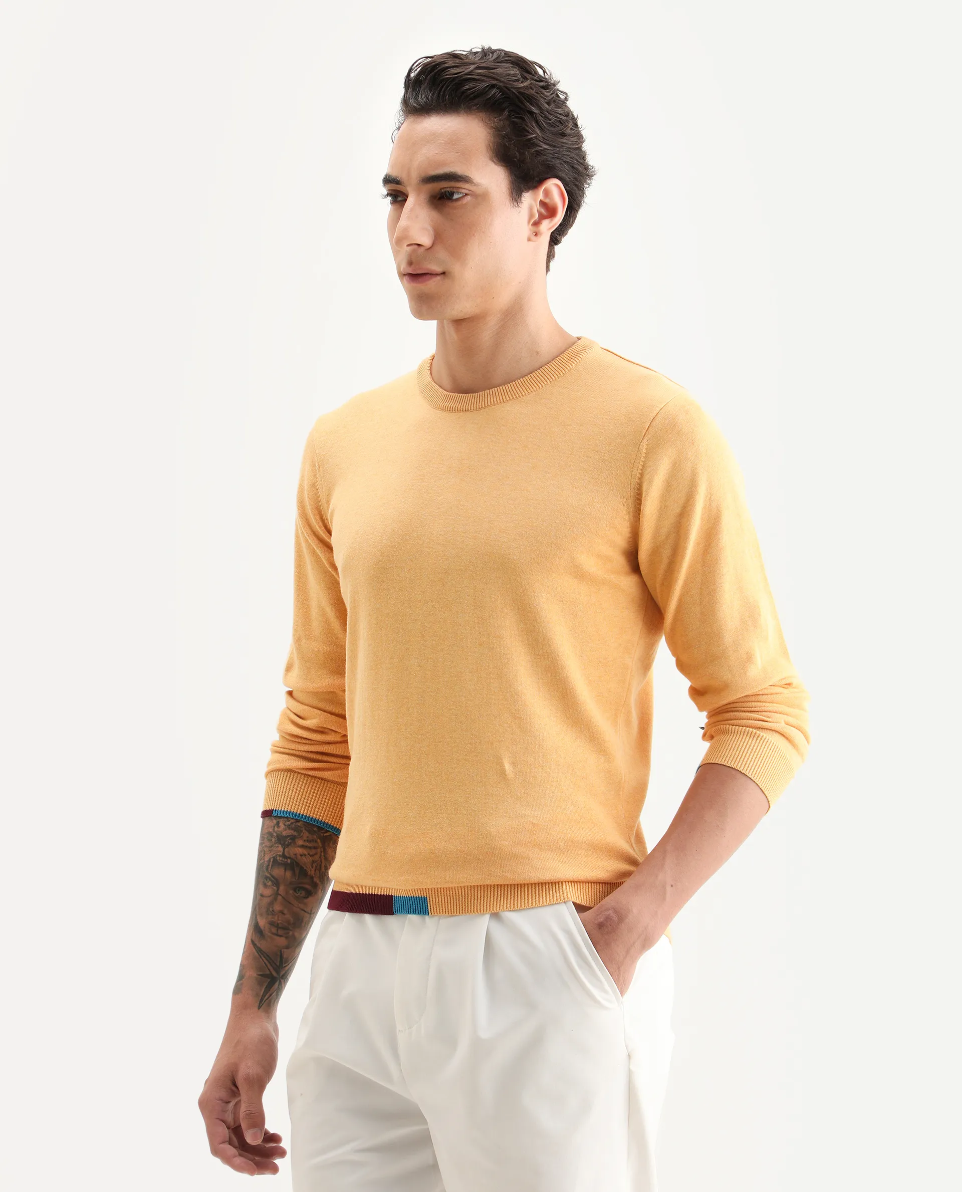 Rare Rabbit Men's Jody Yellow Cotton Plain Slim Fit Full Sleeve Crew Neck Sweater - Image 5
