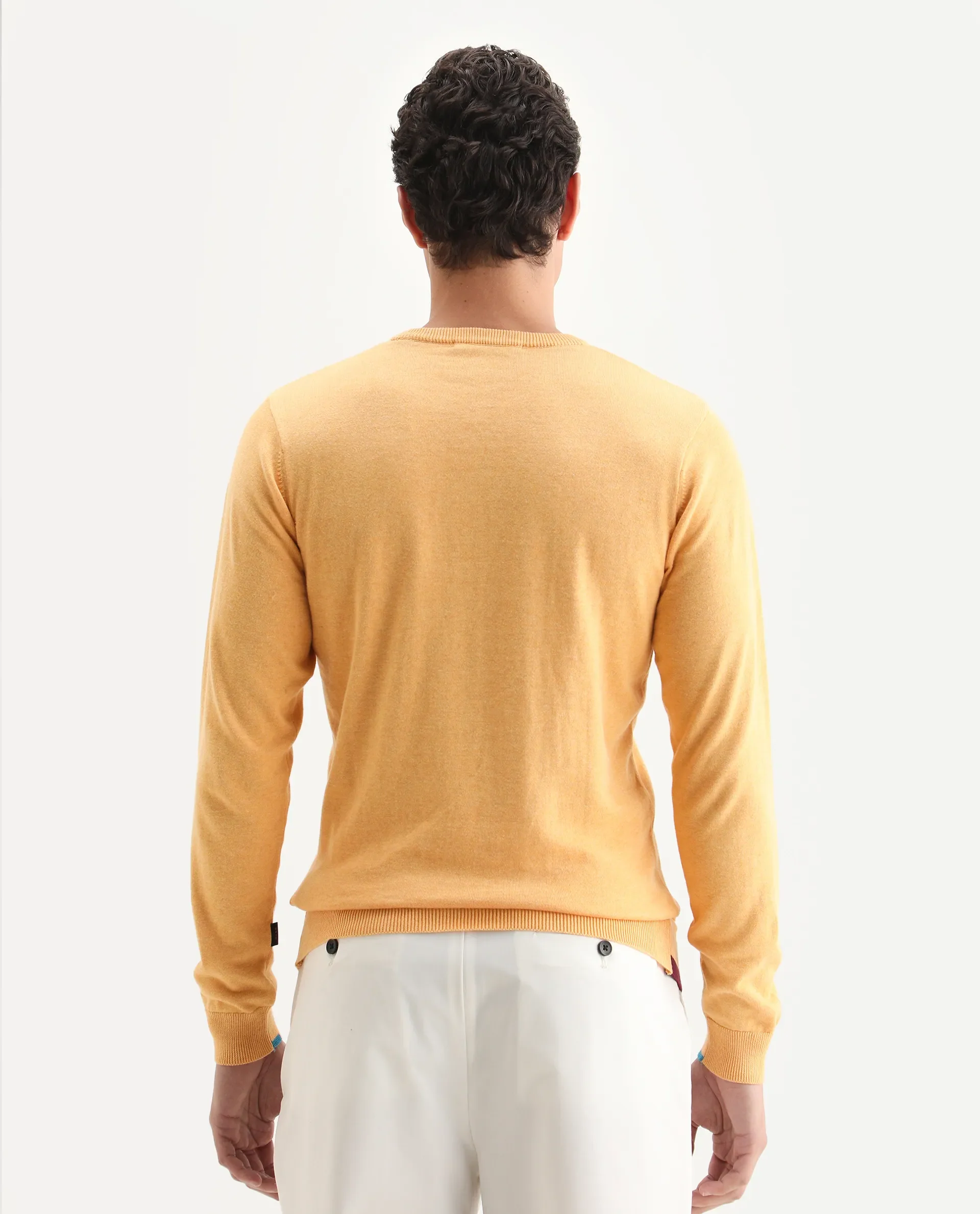 Rare Rabbit Men's Jody Yellow Cotton Plain Slim Fit Full Sleeve Crew Neck Sweater - Image 7