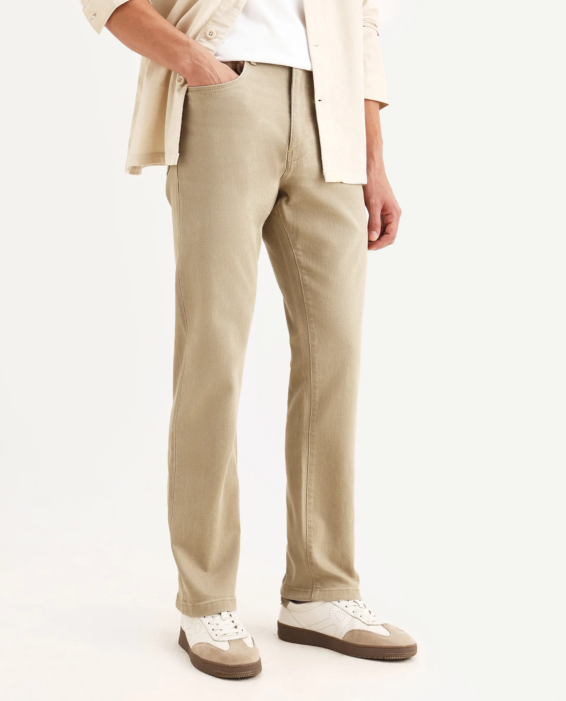 Rare Rabbit Men's Joel-G2 Khaki Cotton Blend Fabric Morris Regular Plain Jeans - Image 2