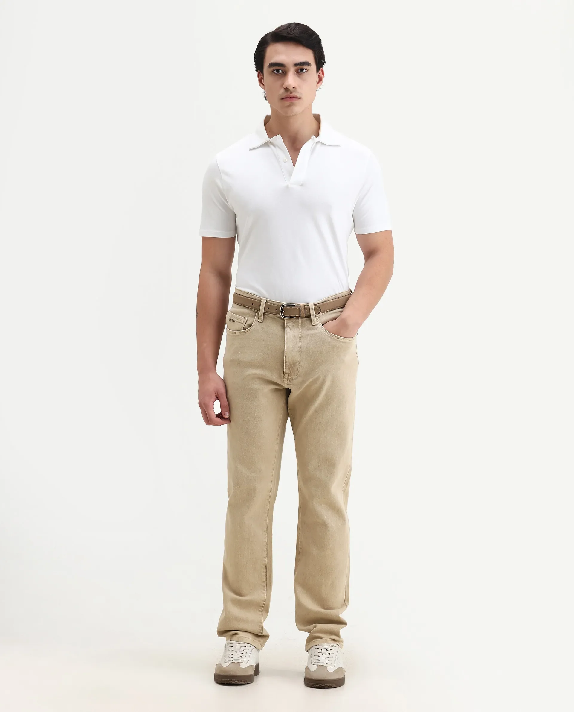 Rare Rabbit Men's Joel-G3 Beige Cotton Blend Fabric Morris Regular Plain Jeans - Image 2