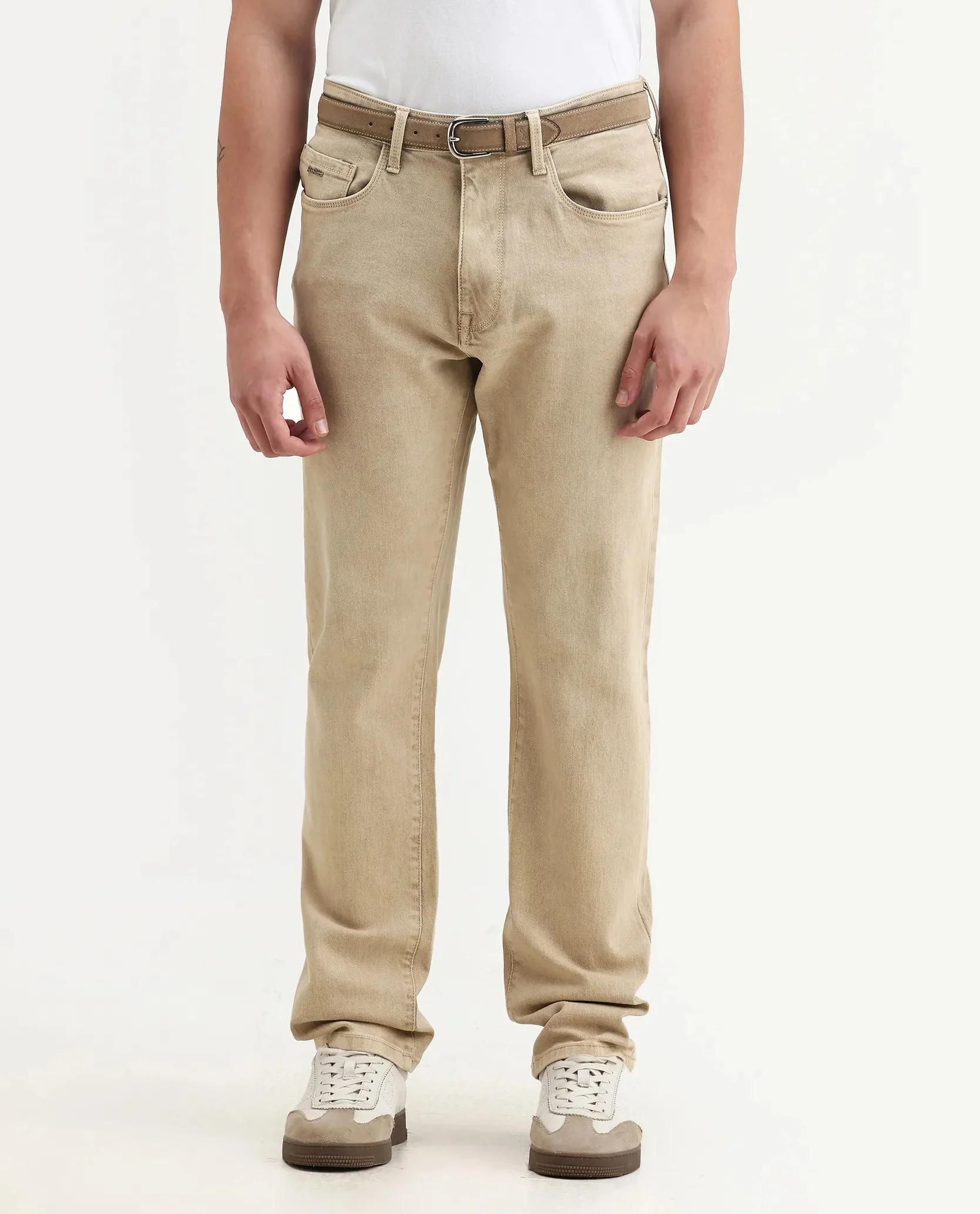 Rare Rabbit Men's Joel-G3 Beige Cotton Blend Fabric Morris Regular Plain Jeans - Image 3