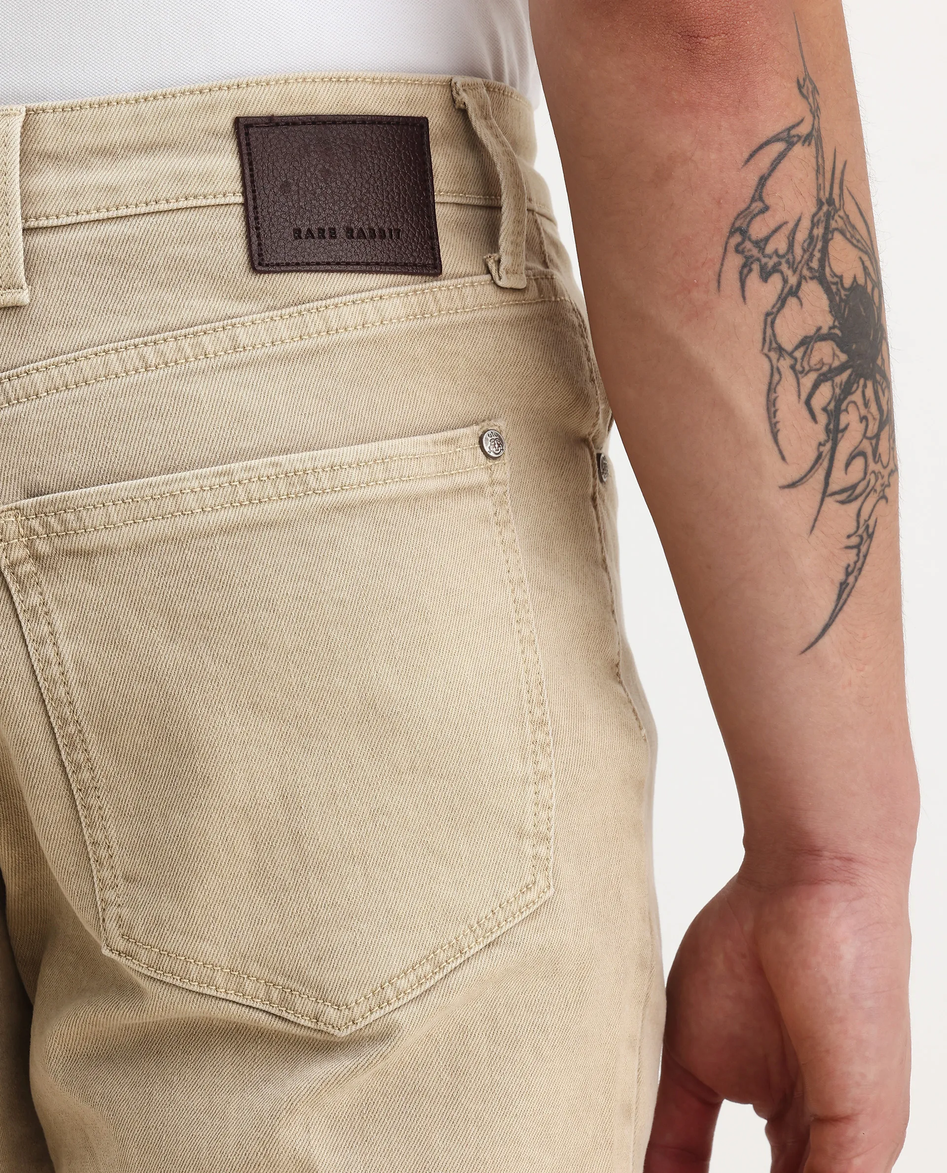 Rare Rabbit Men's Joel-G3 Beige Cotton Blend Fabric Morris Regular Plain Jeans - Image 6