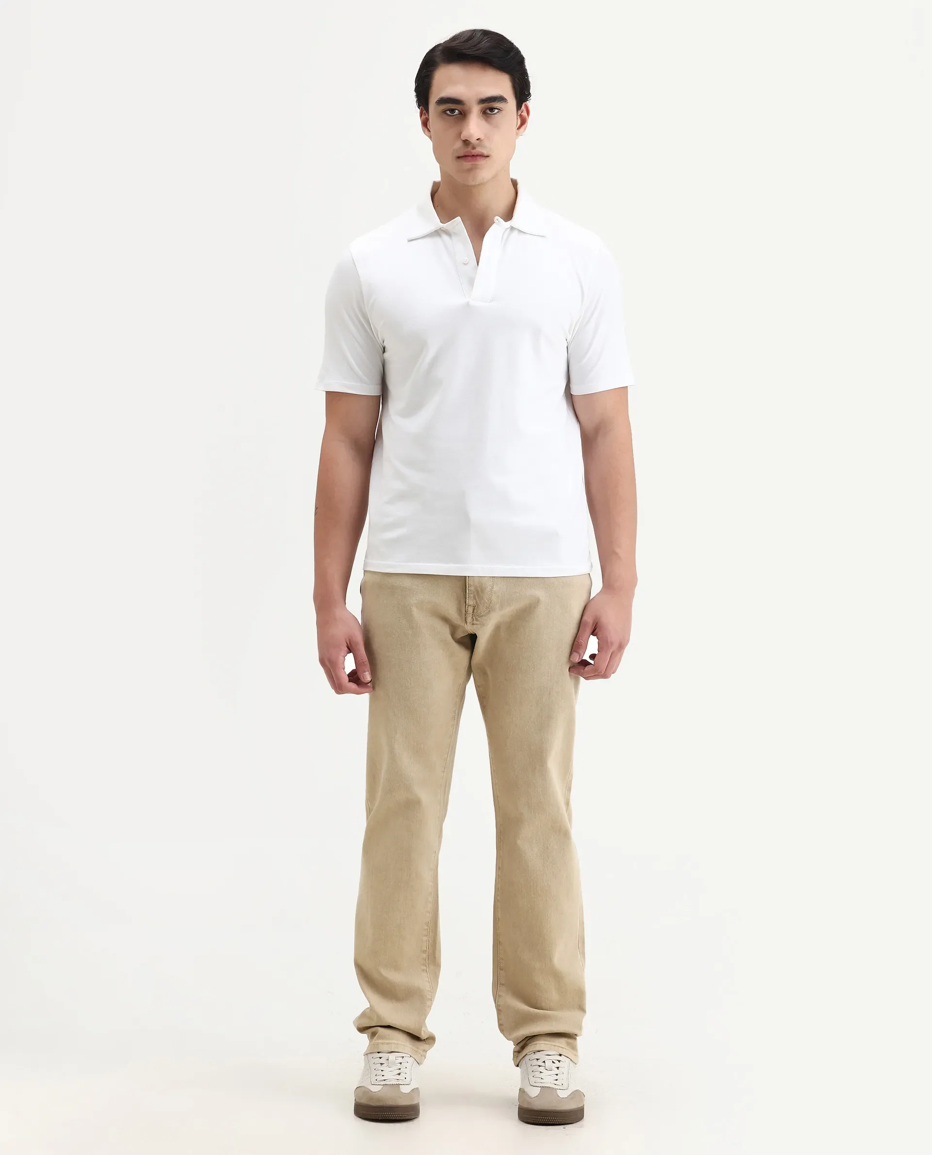 Rare Rabbit Men's Joel-G3 Beige Cotton Blend Fabric Morris Regular Plain Jeans - Image 7
