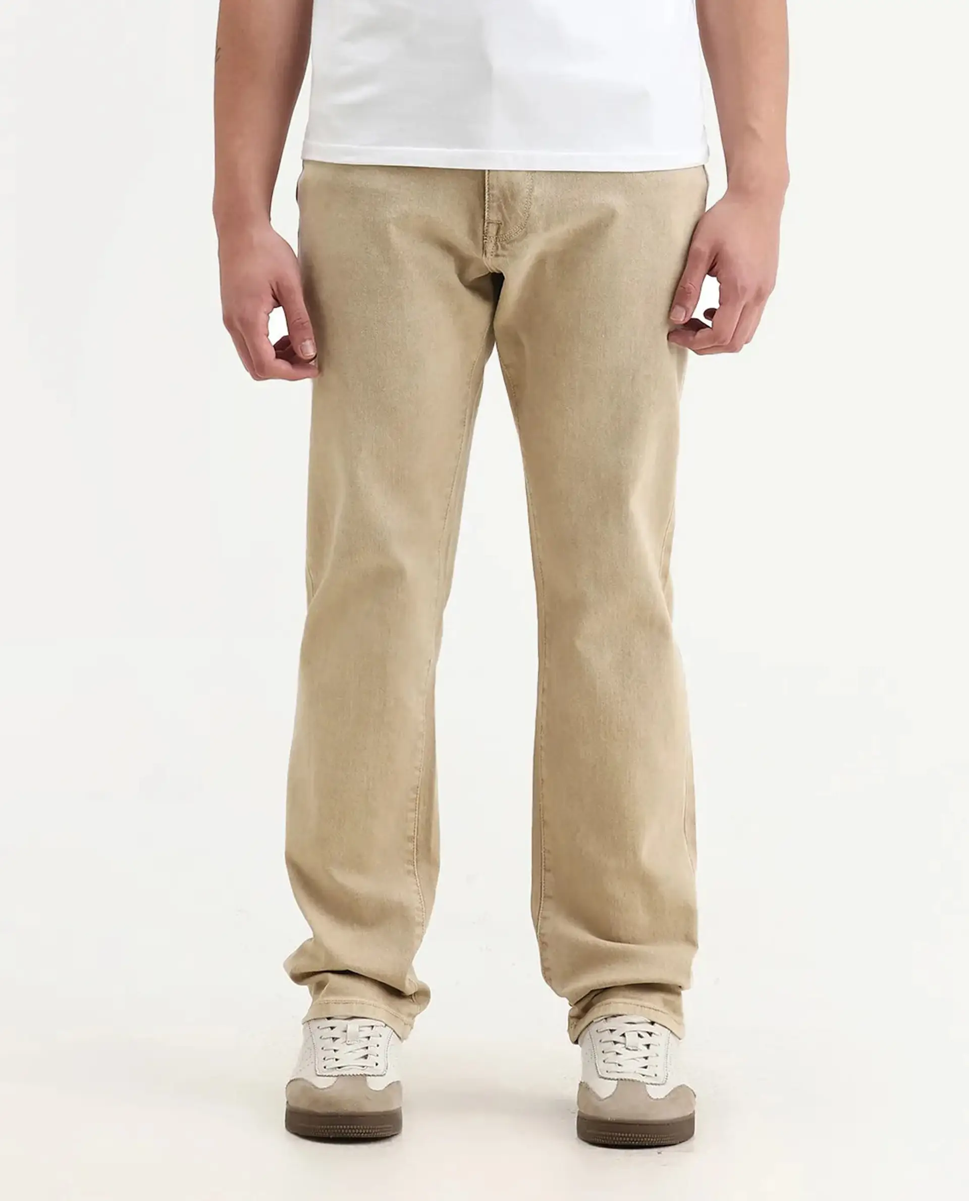 Rare Rabbit Men's Joel-G3 Beige Cotton Blend Fabric Morris Regular Plain Jeans - Image 9