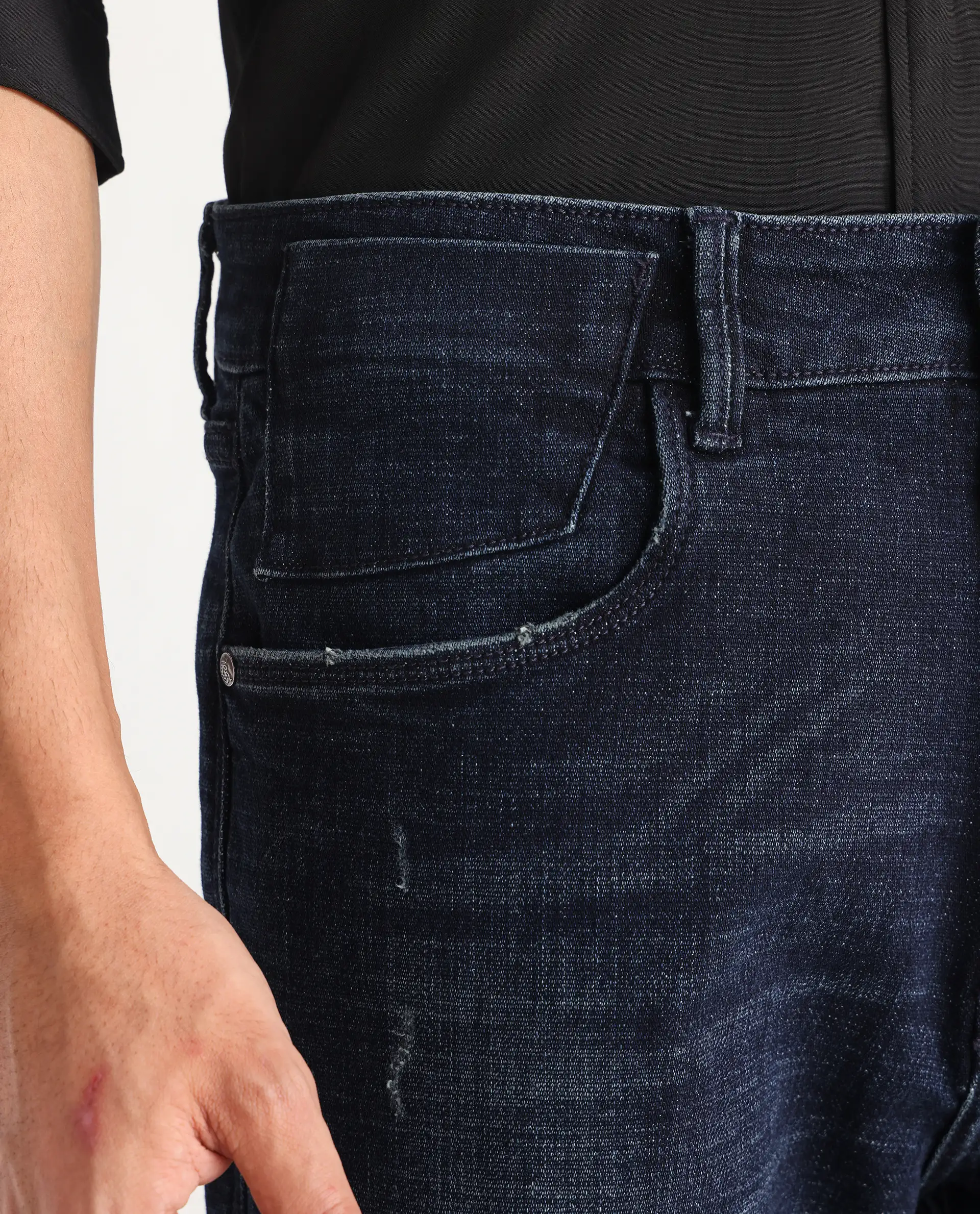 Rare Rabbit Men's Jogg Dark Blue Cotton Blend Plain Morris Regular Fit Jeans - Image 4