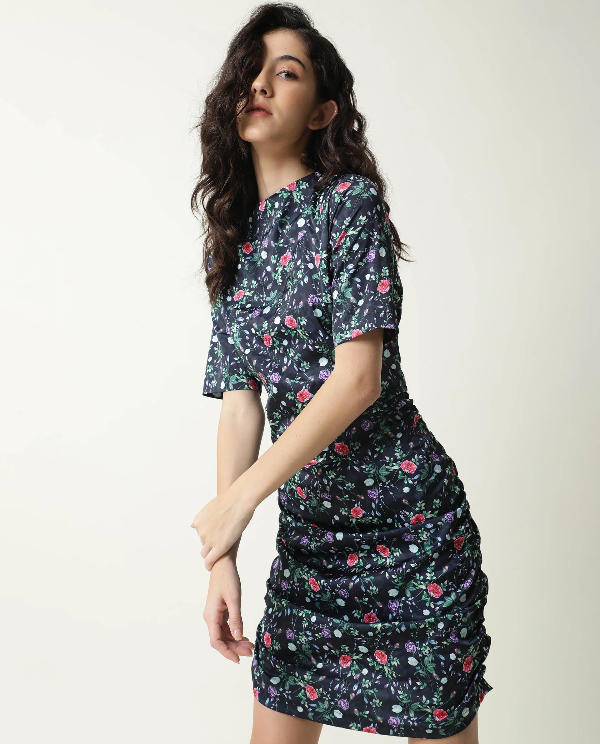 Rareism Women's John Navy Modal High Neck Floral Print Knee Length Regular Fit Dress