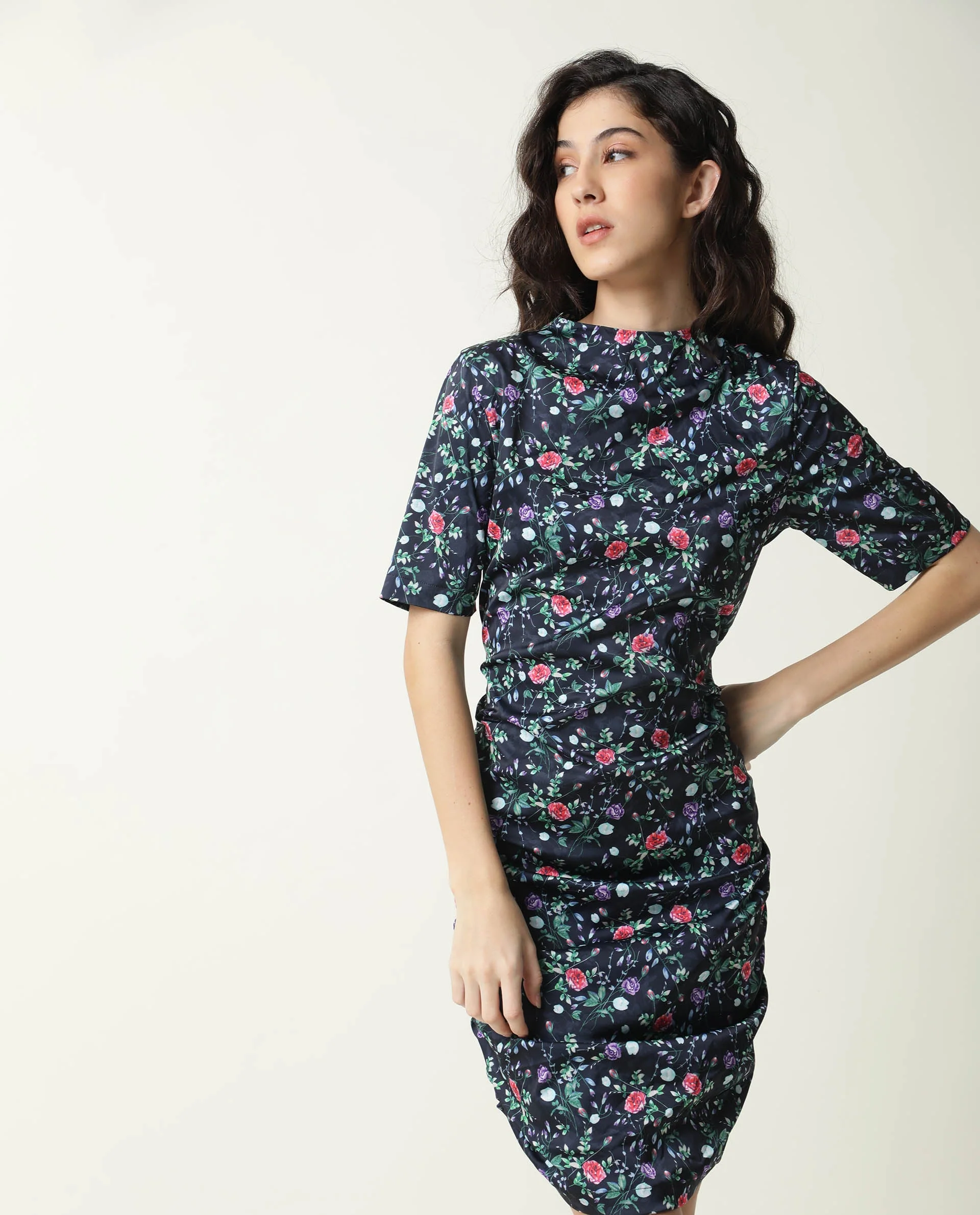 Rareism Women's John Navy Modal High Neck Floral Print Knee Length Regular Fit Dress - Image 2