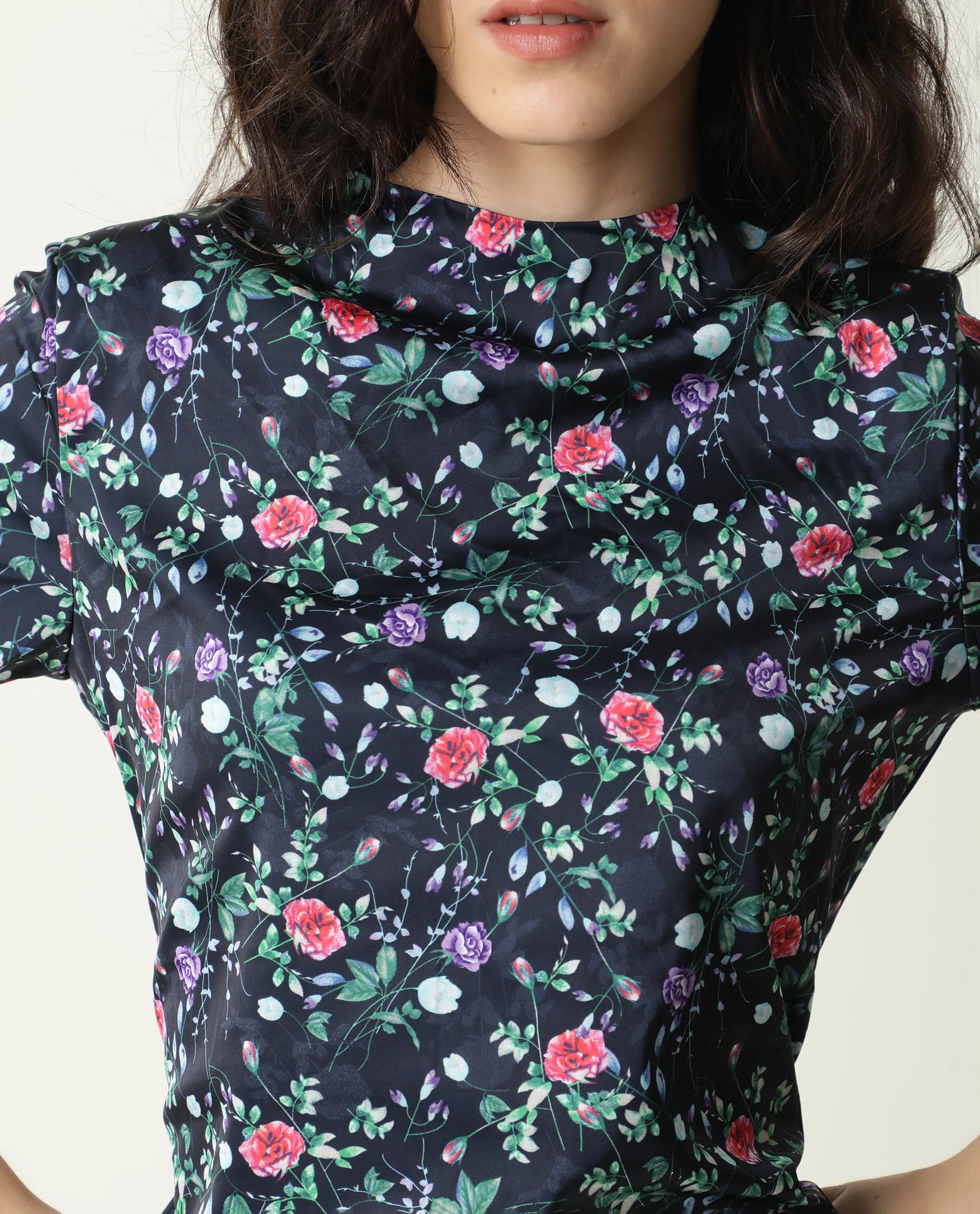 Rareism Women's John Navy Modal High Neck Floral Print Knee Length Regular Fit Dress - Image 3