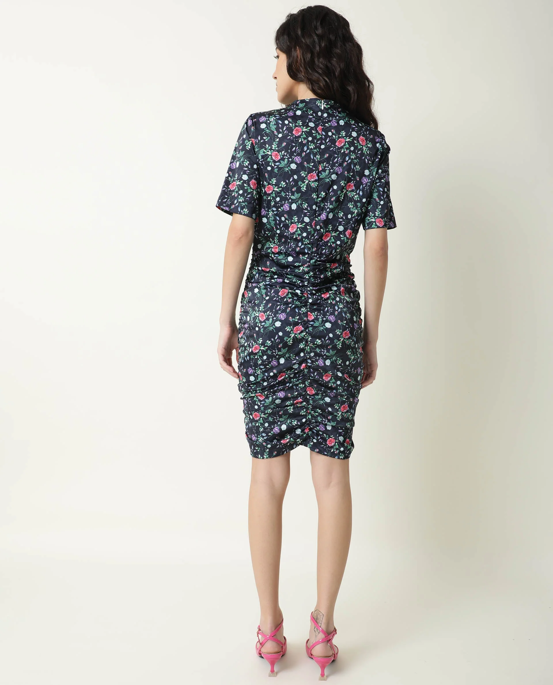 Rareism Women's John Navy Modal High Neck Floral Print Knee Length Regular Fit Dress - Image 4