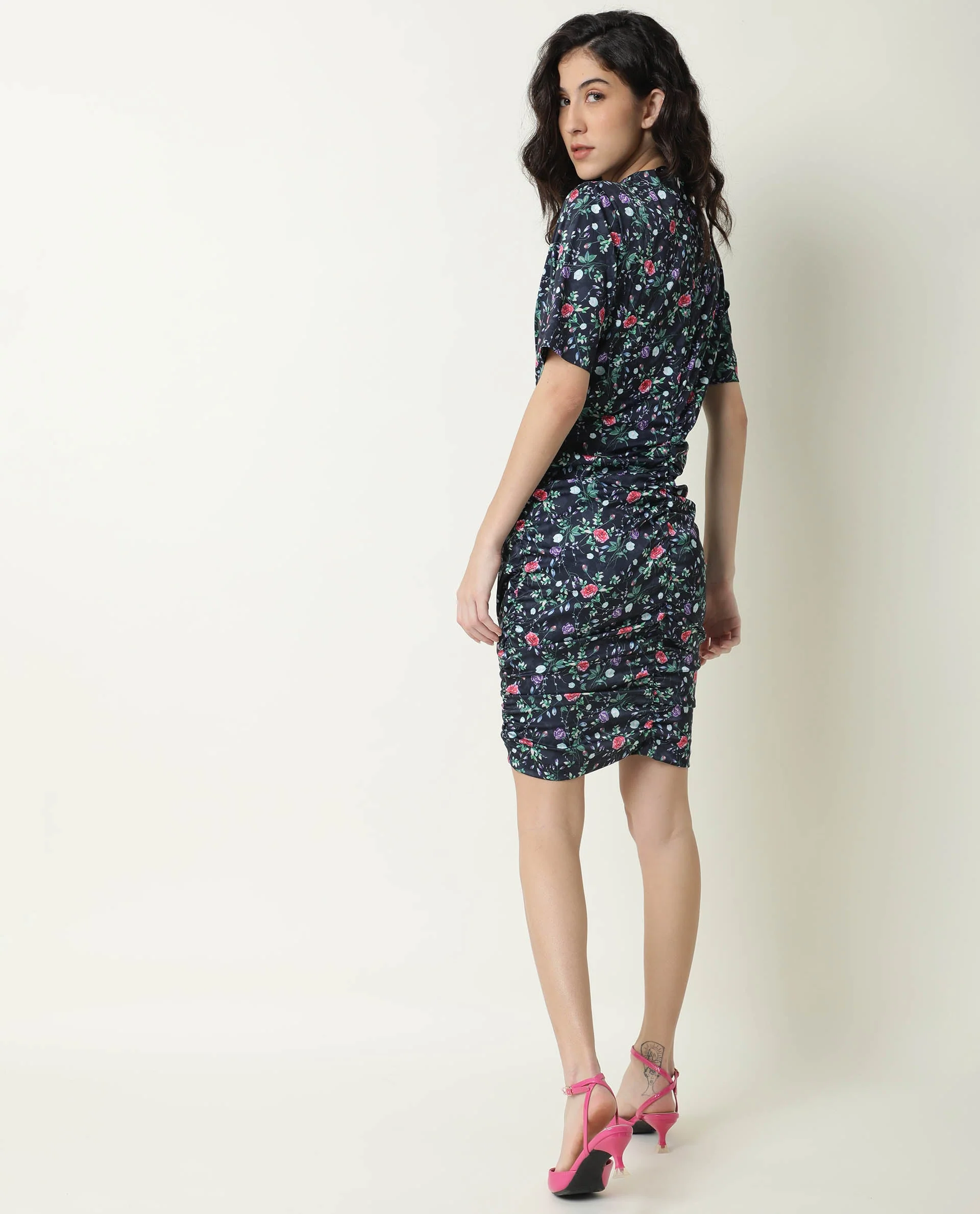 Rareism Women's John Navy Modal High Neck Floral Print Knee Length Regular Fit Dress - Image 5