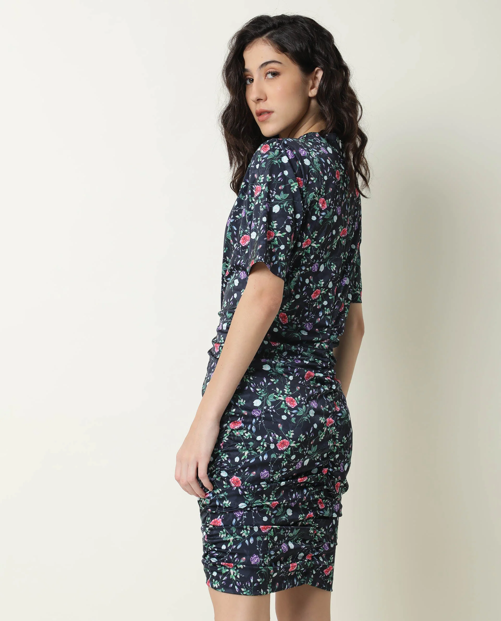 Rareism Women's John Navy Modal High Neck Floral Print Knee Length Regular Fit Dress - Image 6