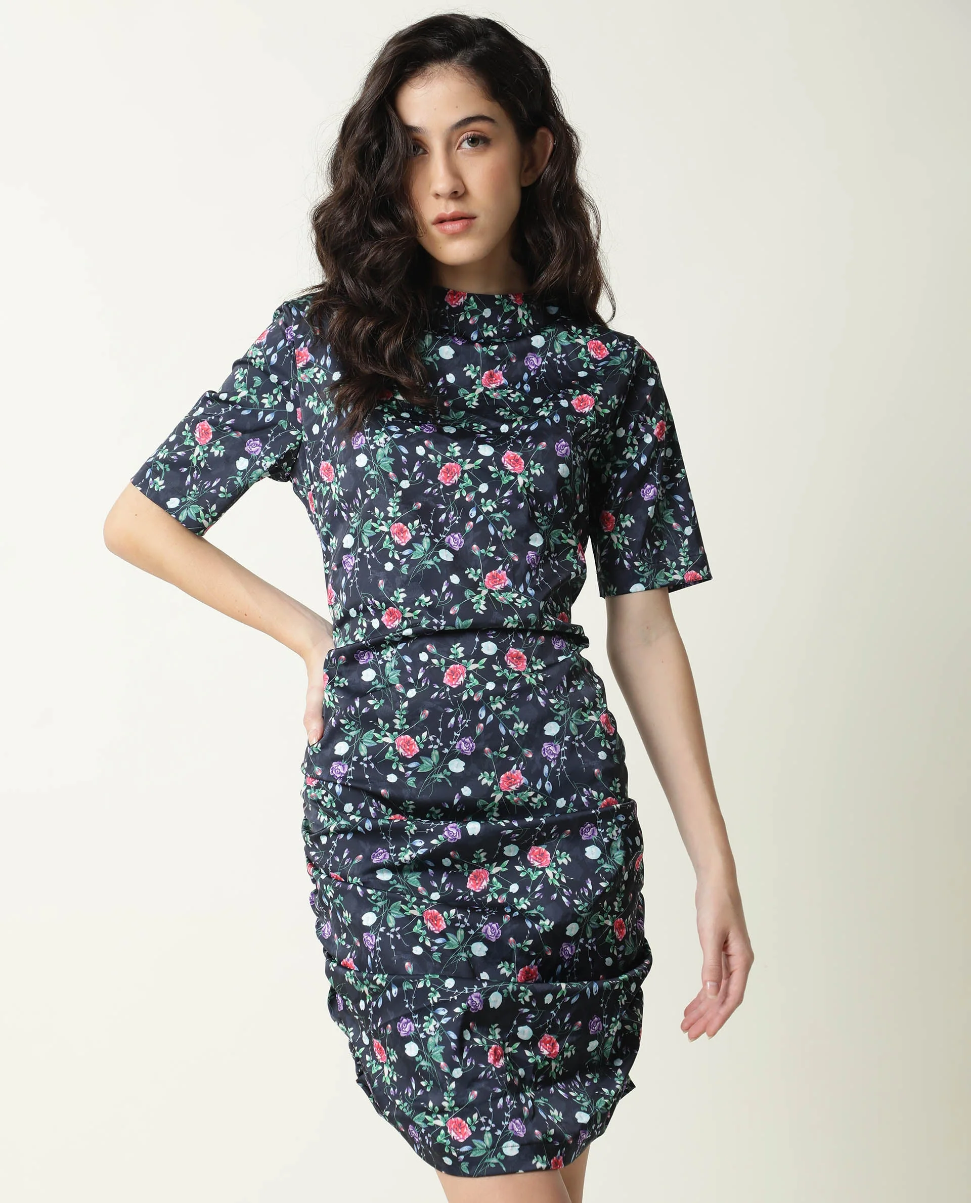 Rareism Women's John Navy Modal High Neck Floral Print Knee Length Regular Fit Dress - Image 7