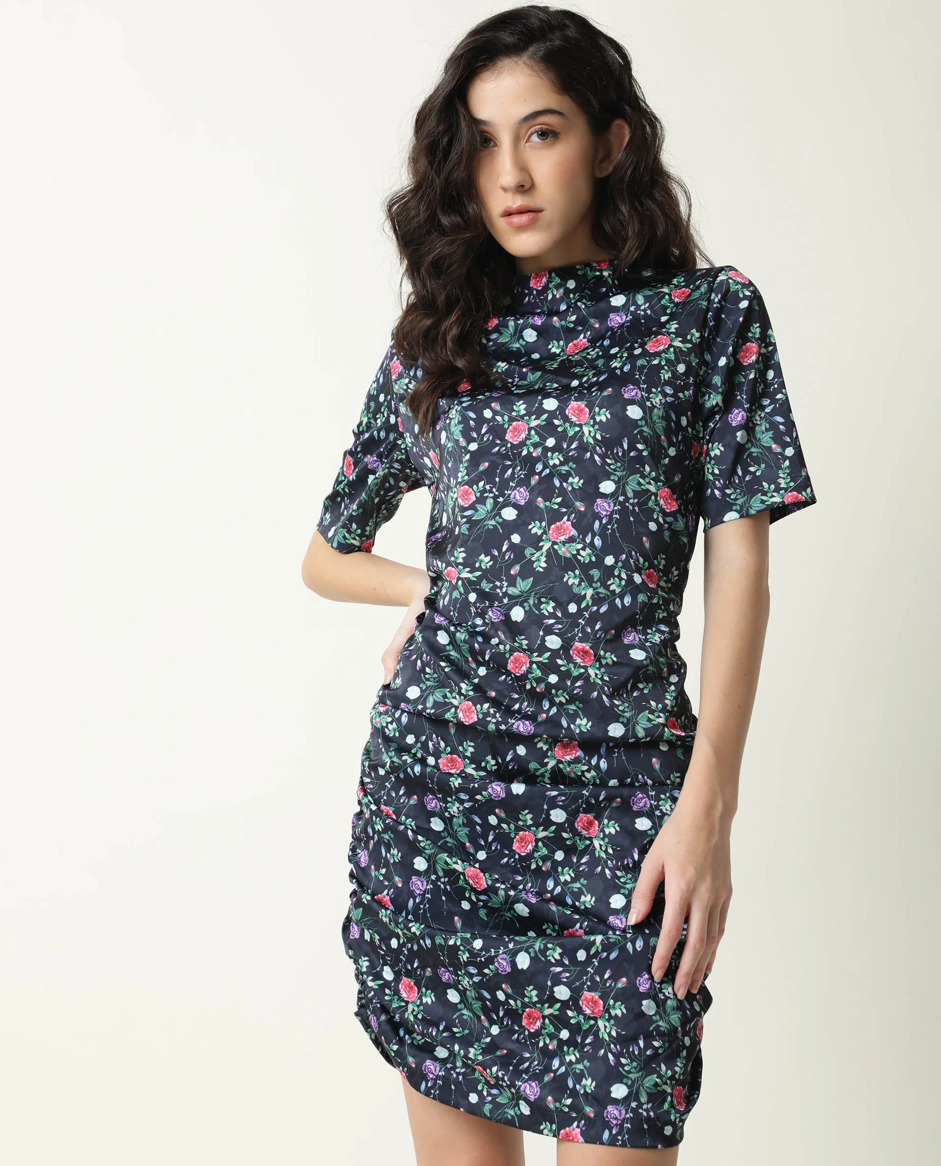 Rareism Women's John Navy Modal High Neck Floral Print Knee Length Regular Fit Dress - Image 9