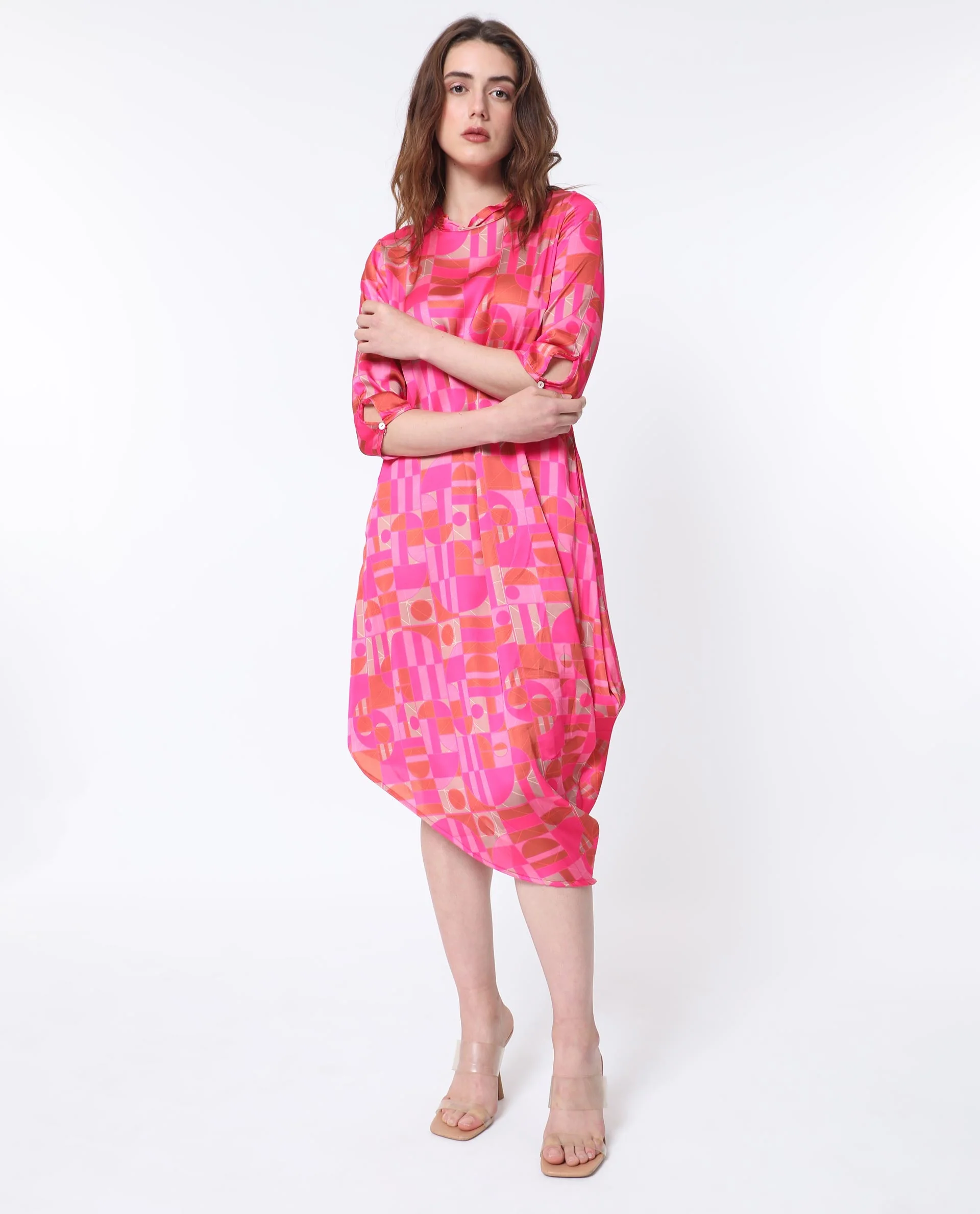 Rareism Women's Johnstone Pink Polyester High Neck Geometric Print Knee Length Slim Fit Dress - Image 10