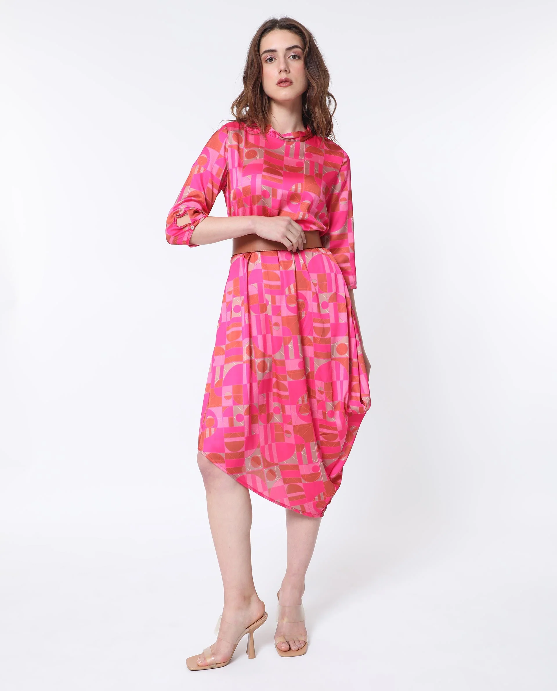 Rareism Women's Johnstone Pink Polyester High Neck Geometric Print Knee Length Slim Fit Dress - Image 11