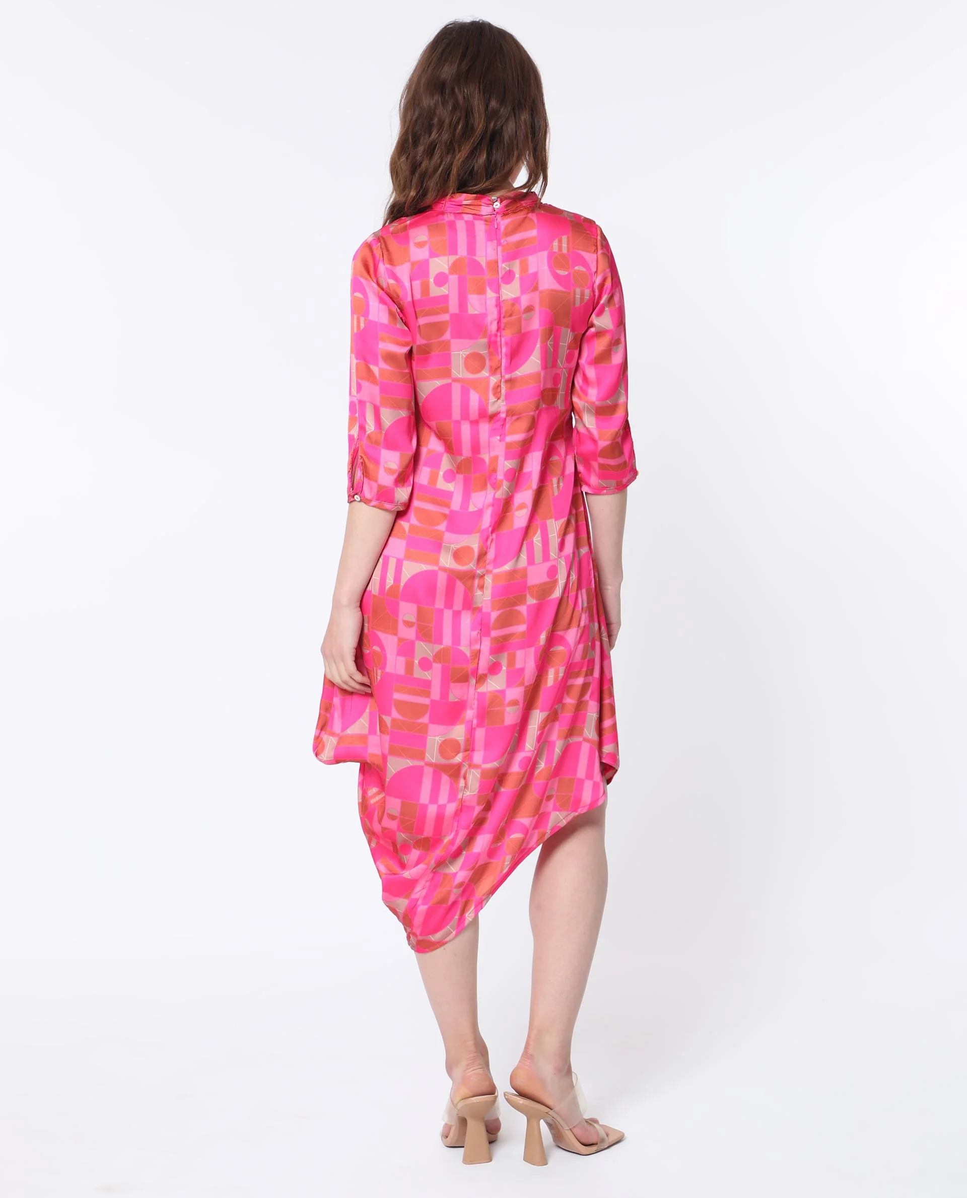 Rareism Women's Johnstone Pink Polyester High Neck Geometric Print Knee Length Slim Fit Dress - Image 12