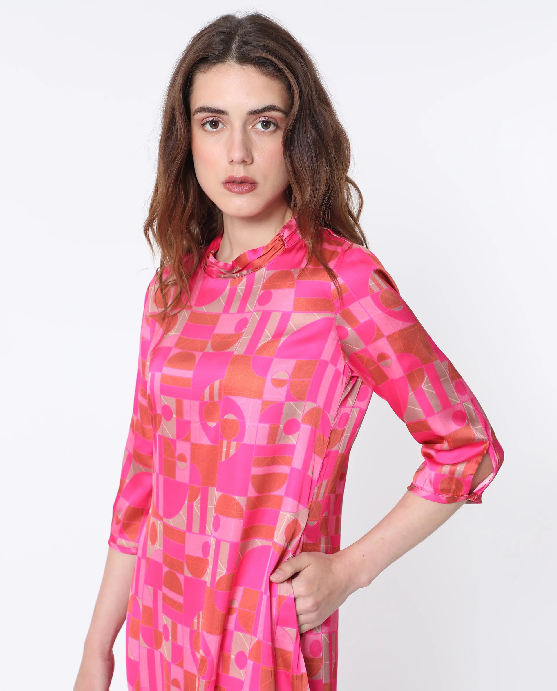 Rareism Women's Johnstone Pink Polyester High Neck Geometric Print Knee Length Slim Fit Dress - Image 2