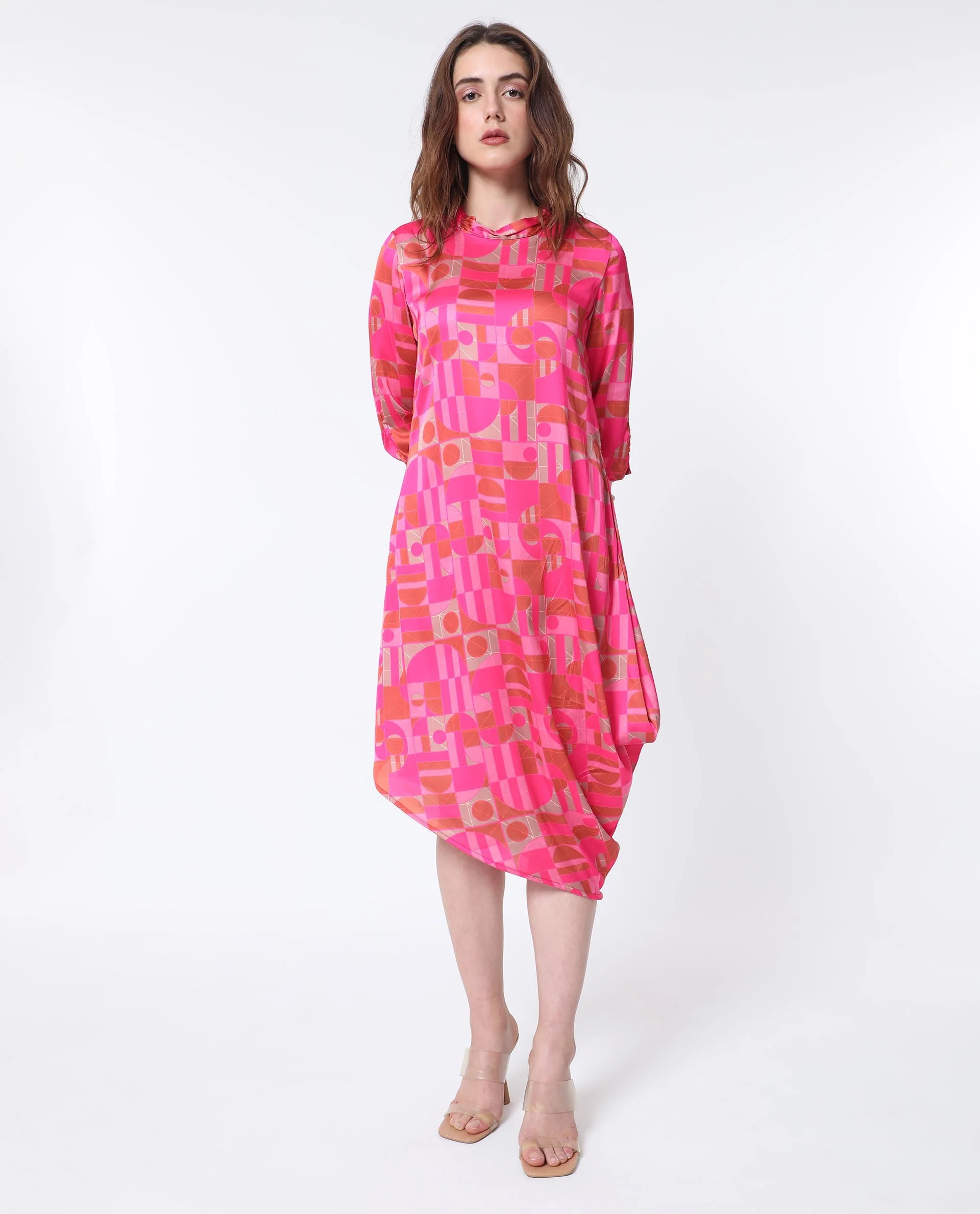 Rareism Women's Johnstone Pink Polyester High Neck Geometric Print Knee Length Slim Fit Dress - Image 3