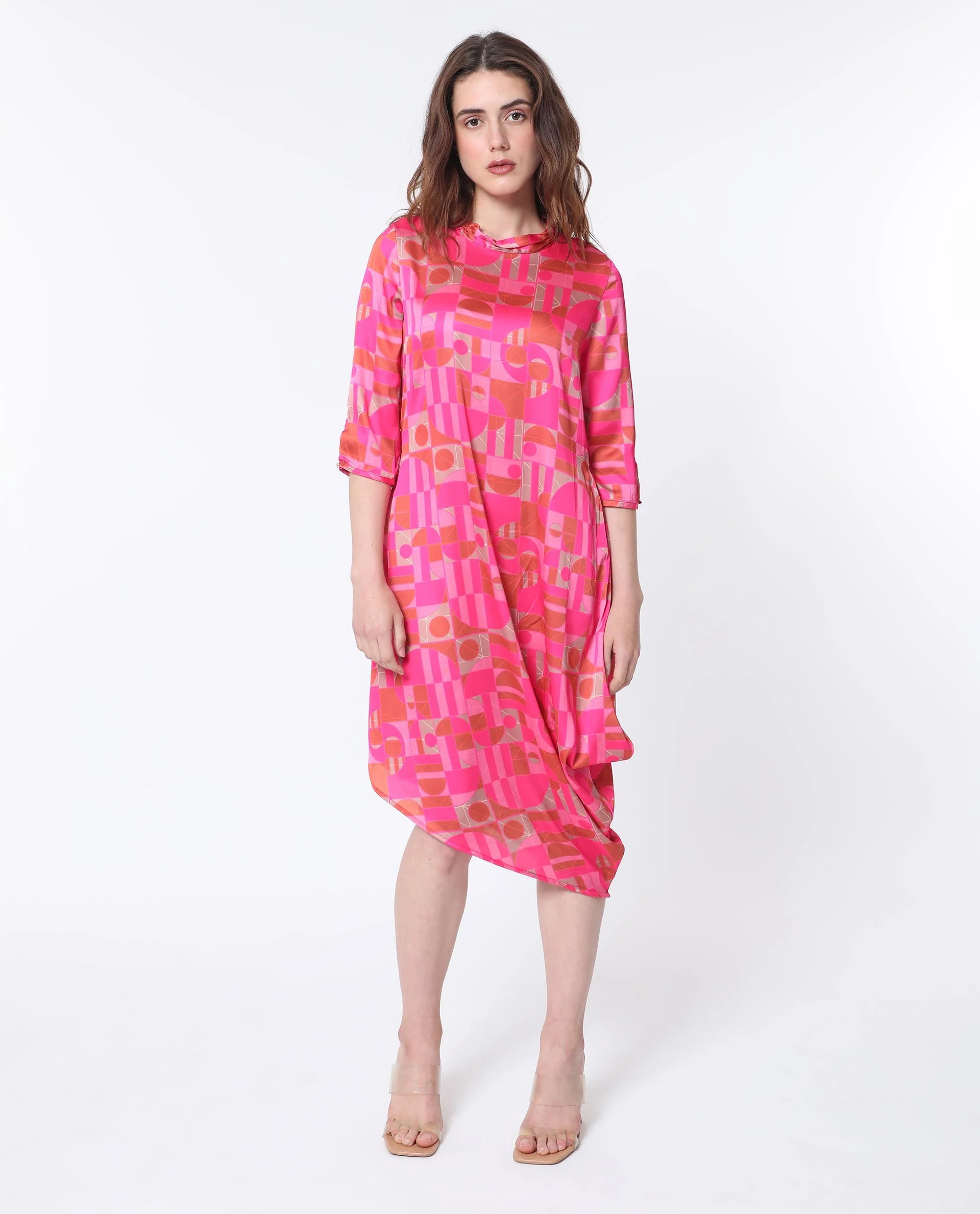 Rareism Women's Johnstone Pink Polyester High Neck Geometric Print Knee Length Slim Fit Dress - Image 4