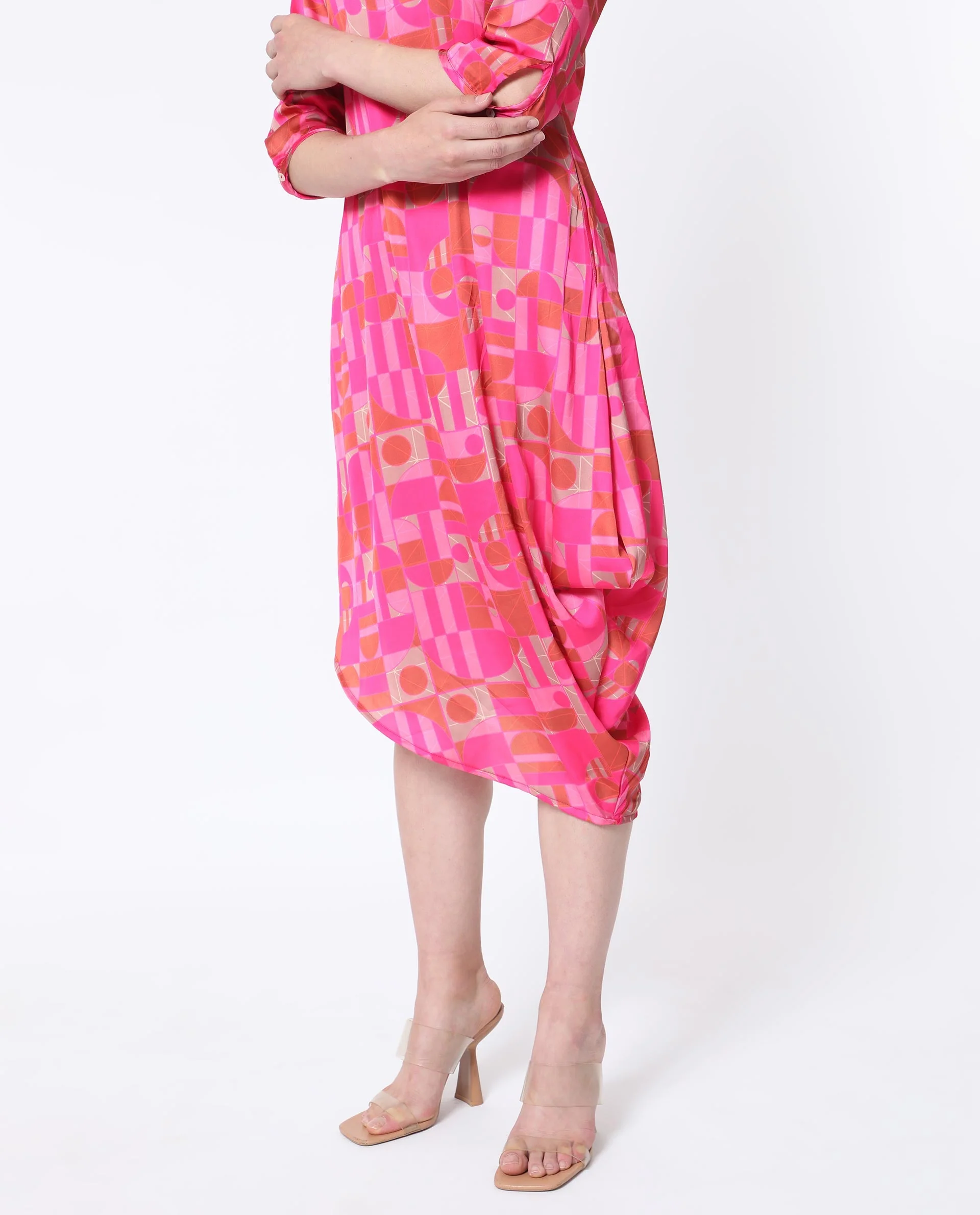 Rareism Women's Johnstone Pink Polyester High Neck Geometric Print Knee Length Slim Fit Dress - Image 5