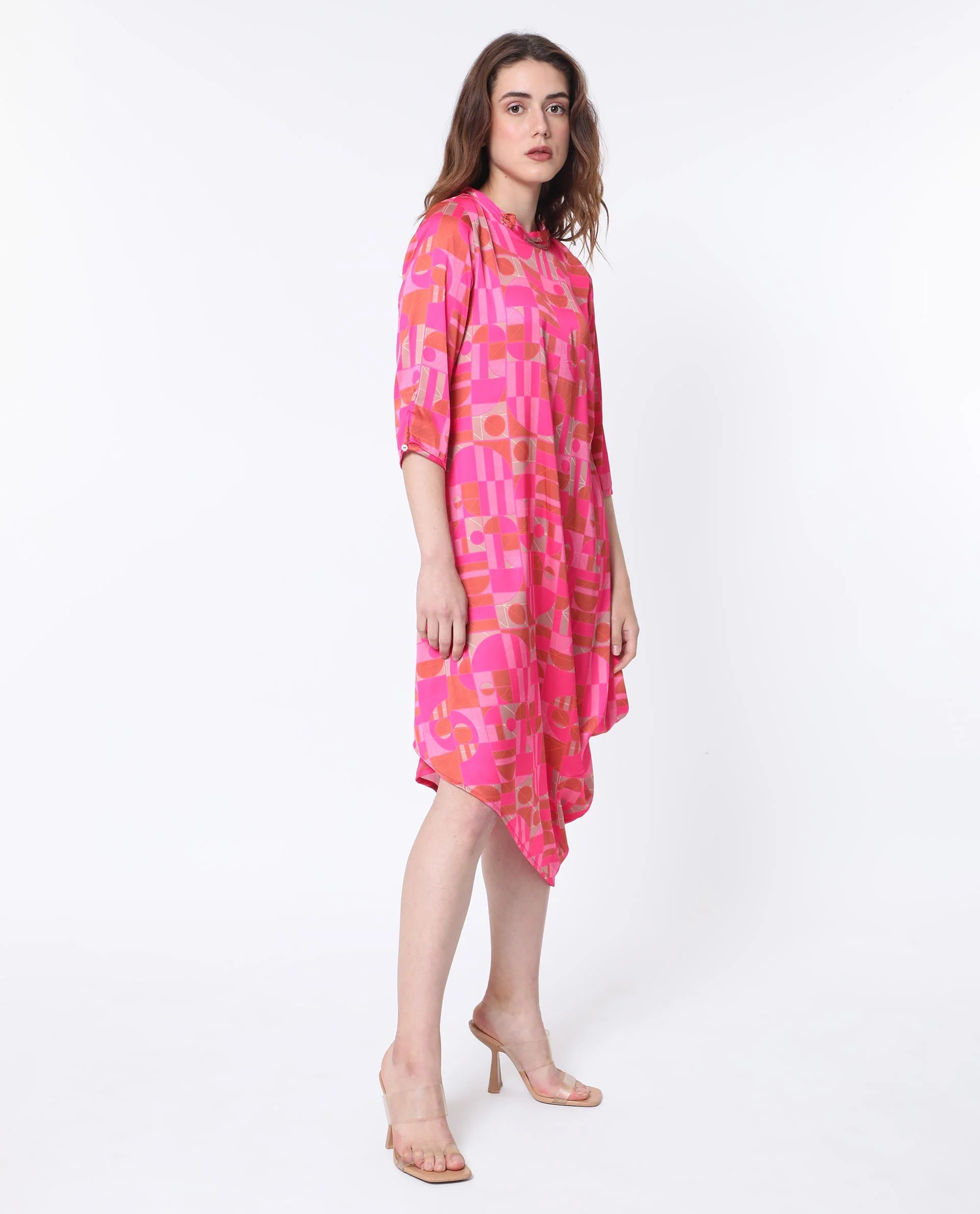 Rareism Women's Johnstone Pink Polyester High Neck Geometric Print Knee Length Slim Fit Dress - Image 6