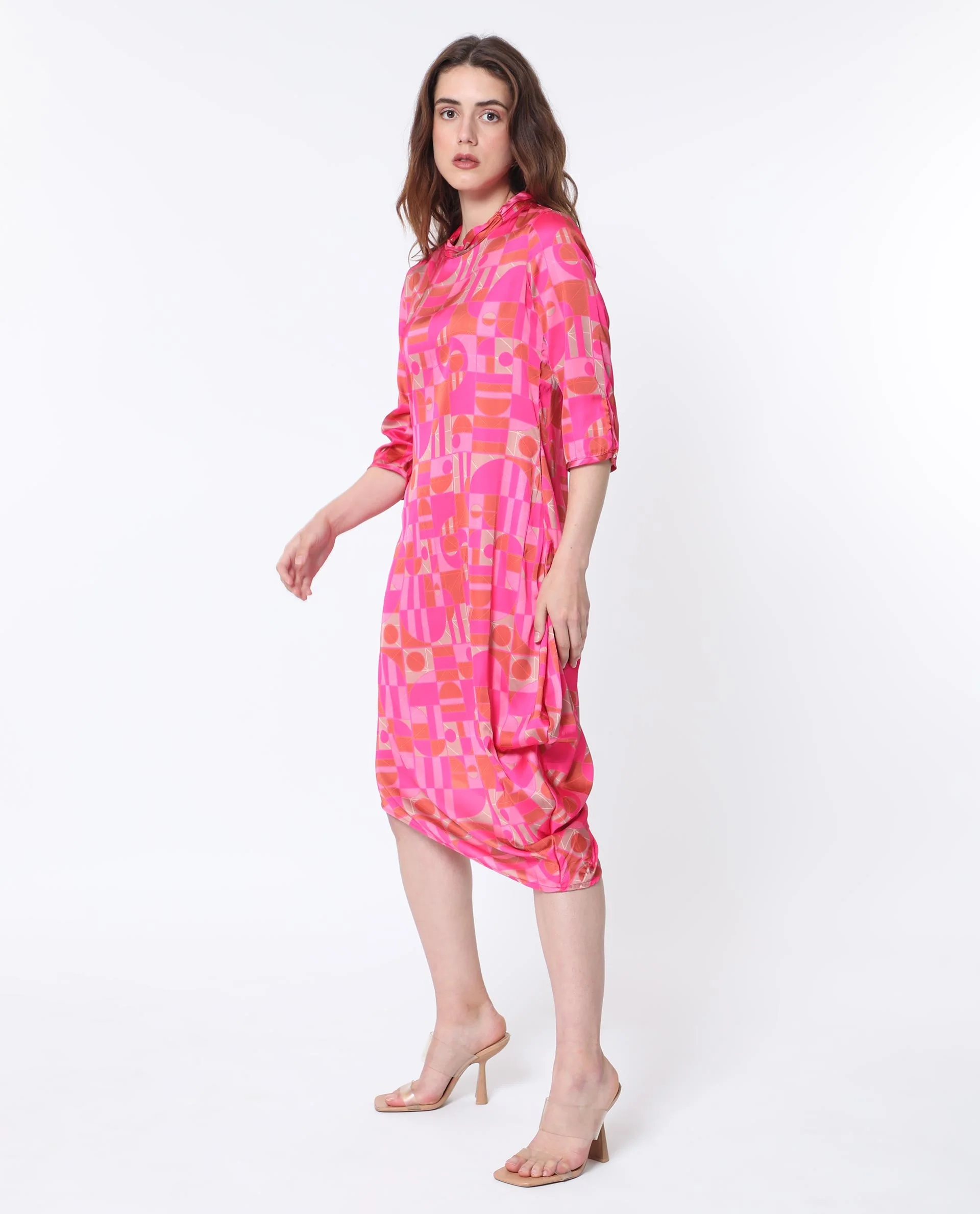 Rareism Women's Johnstone Pink Polyester High Neck Geometric Print Knee Length Slim Fit Dress - Image 7