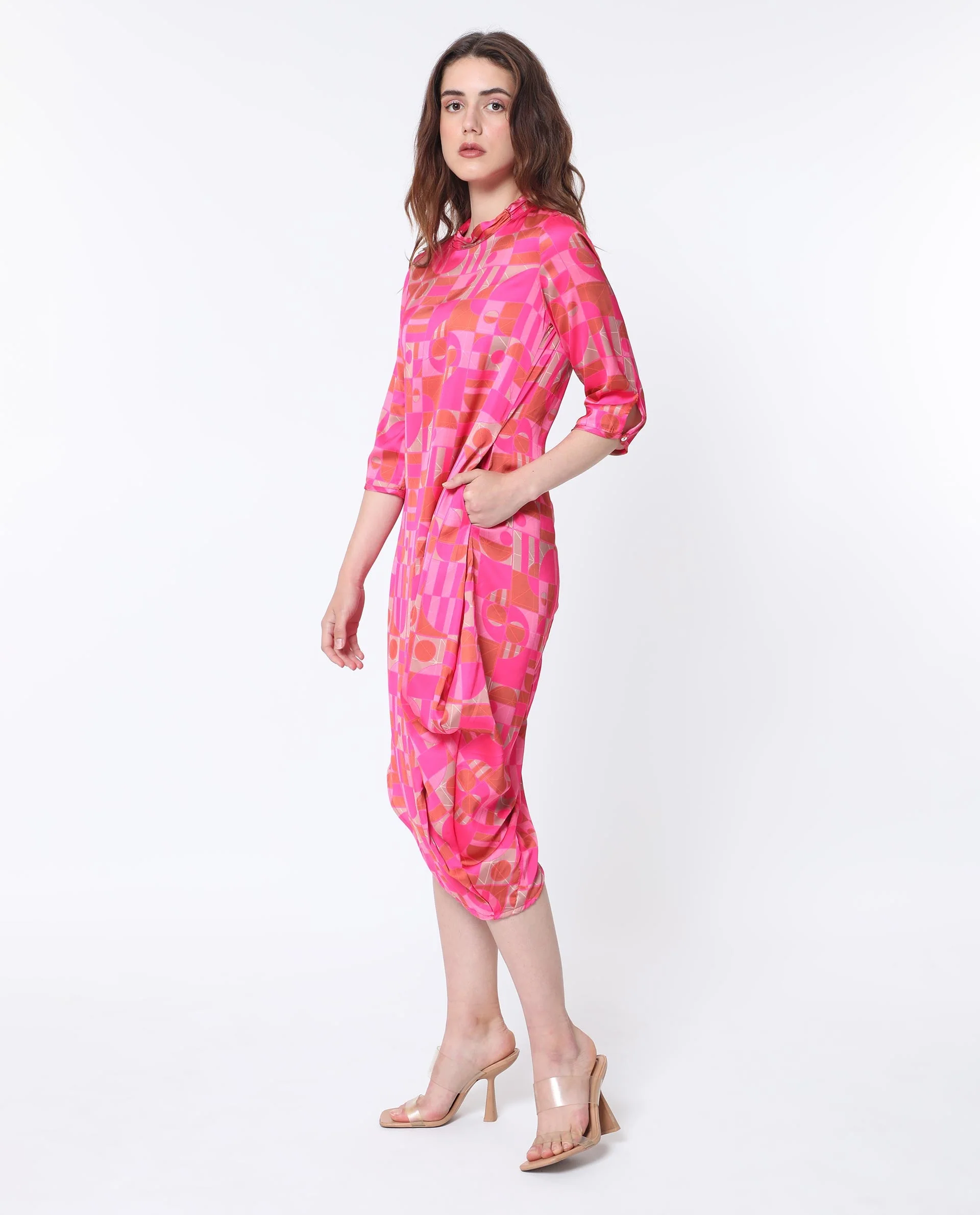 Rareism Women's Johnstone Pink Polyester High Neck Geometric Print Knee Length Slim Fit Dress - Image 8