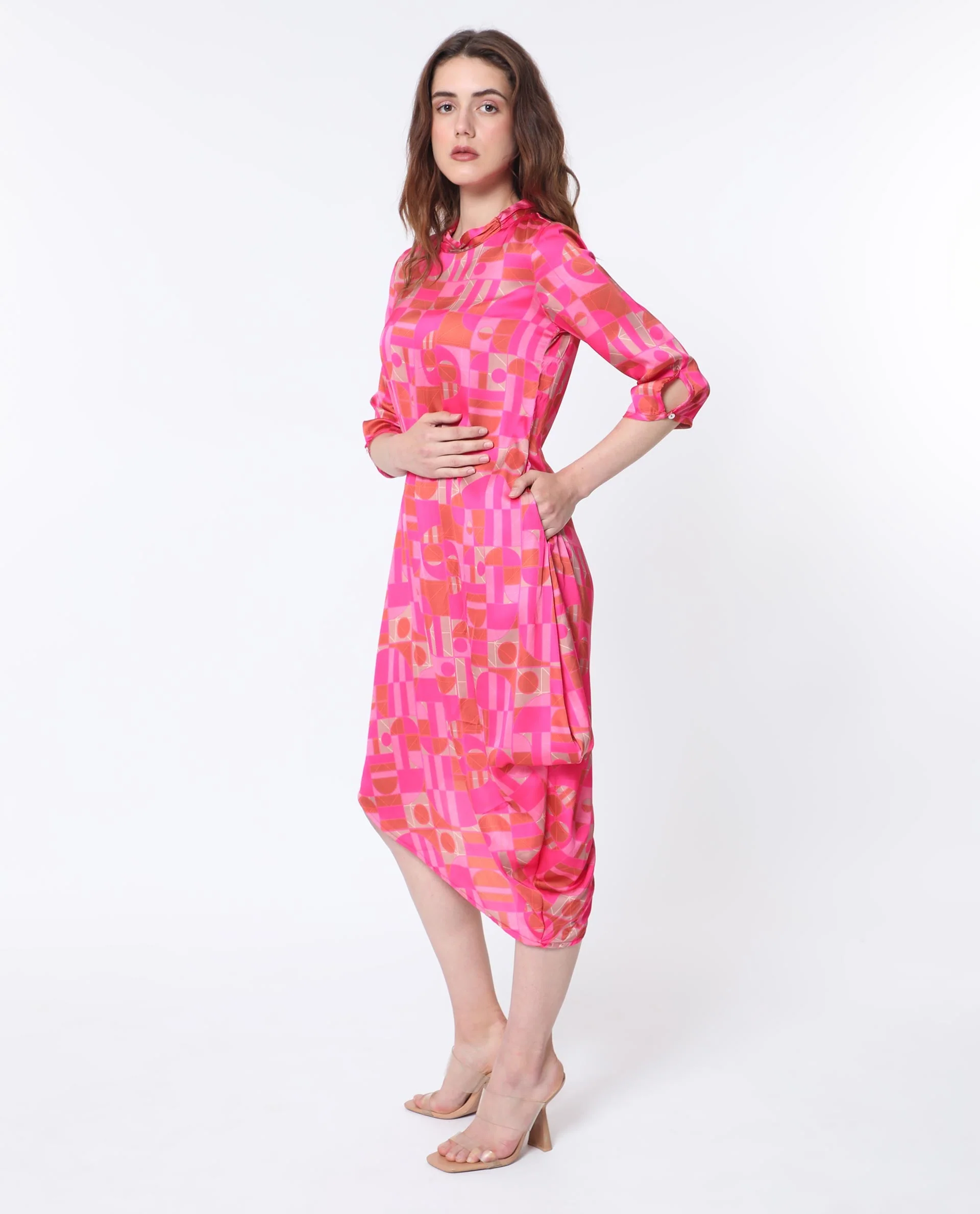 Rareism Women's Johnstone Pink Polyester High Neck Geometric Print Knee Length Slim Fit Dress - Image 9
