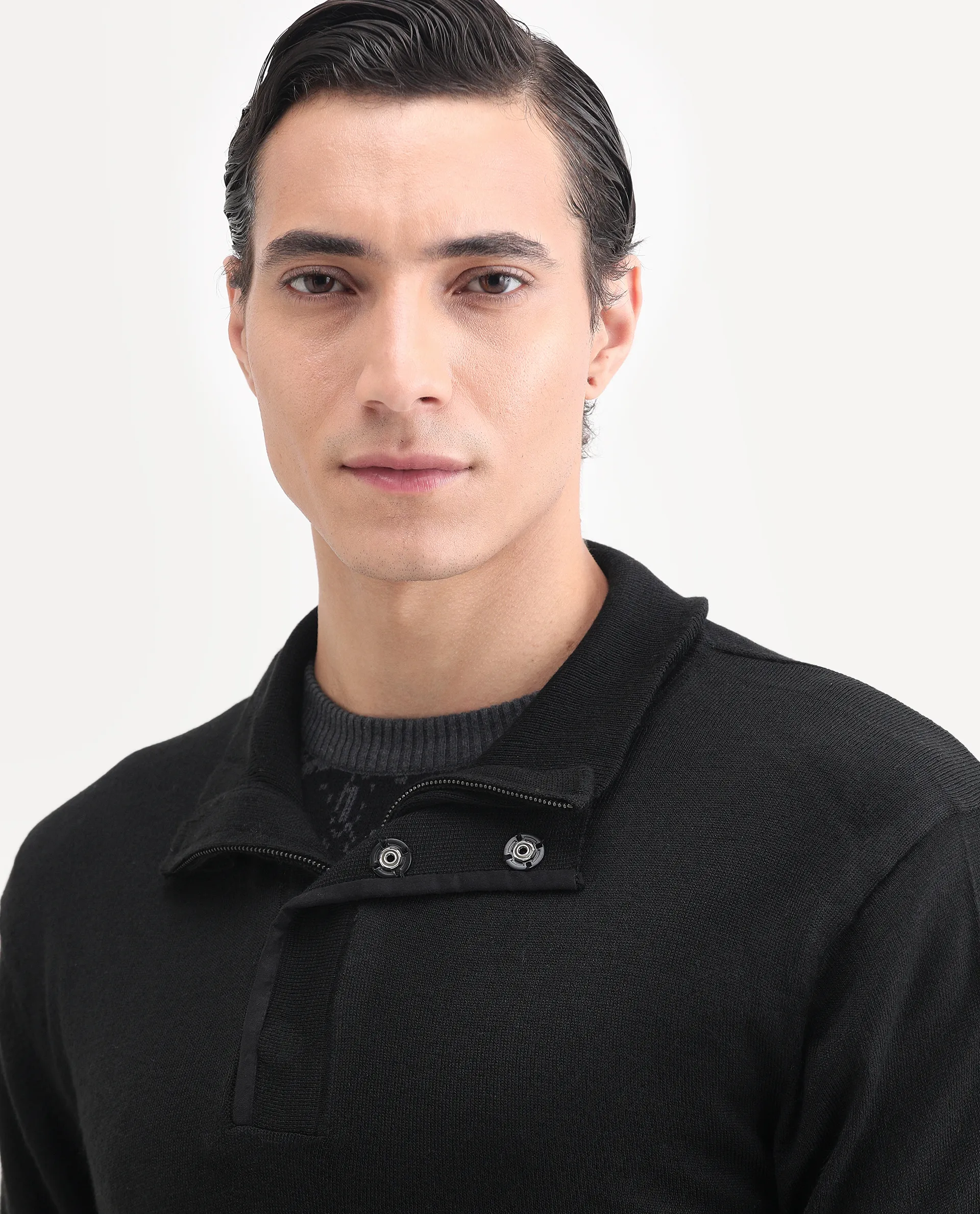 Rare Rabbit Men's Johny-25 Light Black Acrylic Fabric Full Sleeve High Neck Plain Sweater - Image 3