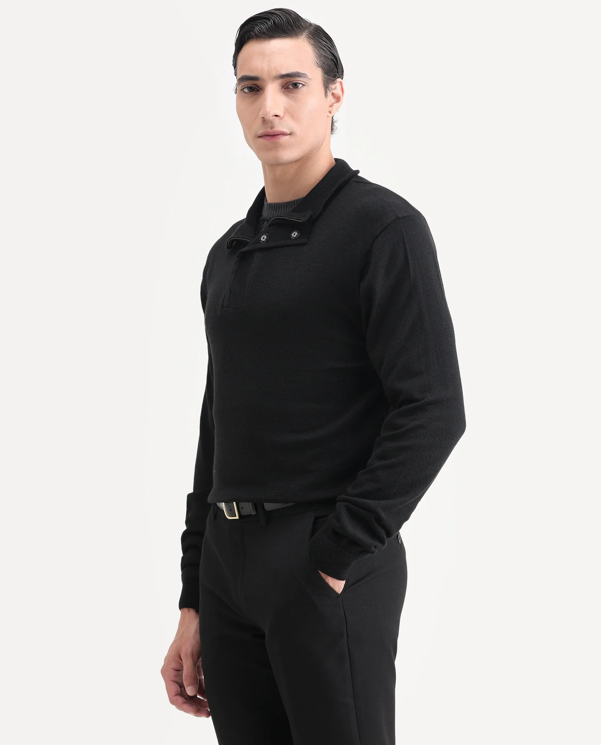 Rare Rabbit Men's Johny-25 Light Black Acrylic Fabric Full Sleeve High Neck Plain Sweater - Image 4