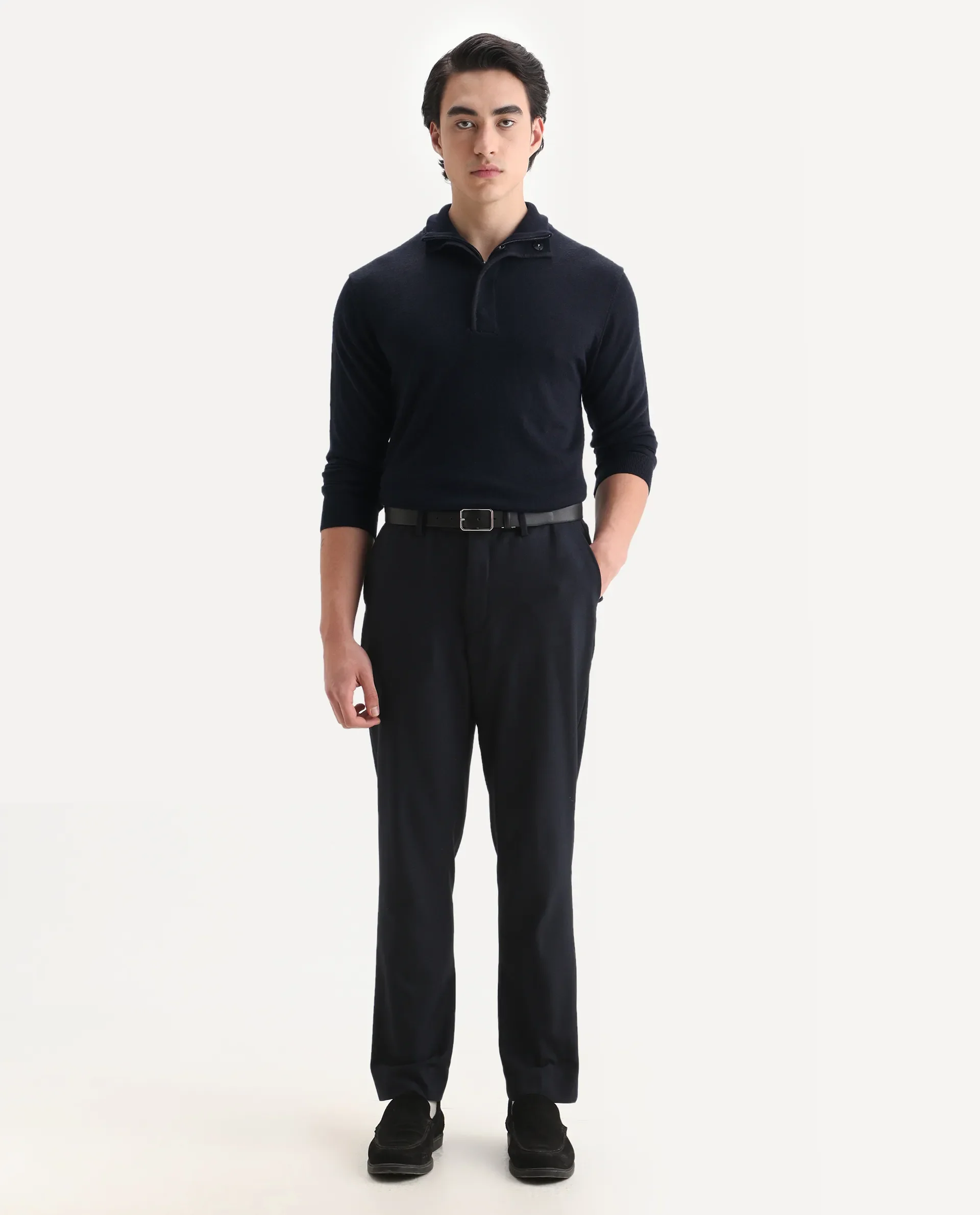 Rare Rabbit Men's Johny Navy Acrylic Plain Regular Fit Full Sleeve Stand Collar Sweater - Image 2