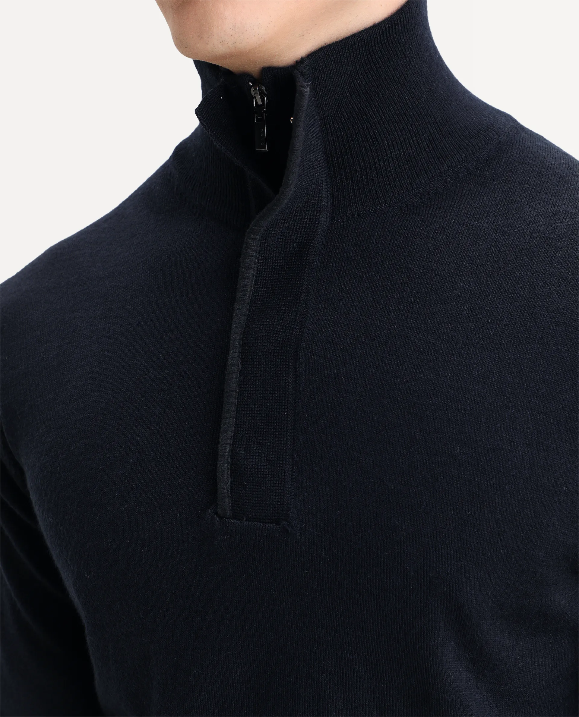 Rare Rabbit Men's Johny Navy Acrylic Plain Regular Fit Full Sleeve Stand Collar Sweater - Image 3